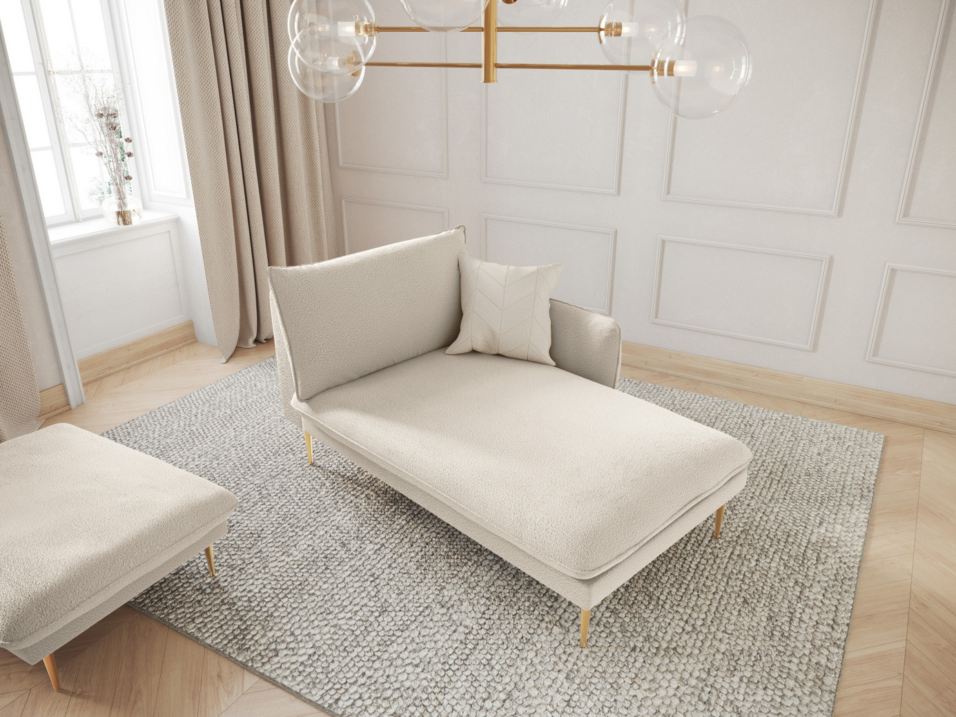 Cosmopolitan Design høyrevendt bouclé-sjeselong, "Vienna", 1-seter, 110 × 170 × 95 cm, Ascot, gullfargede metallben