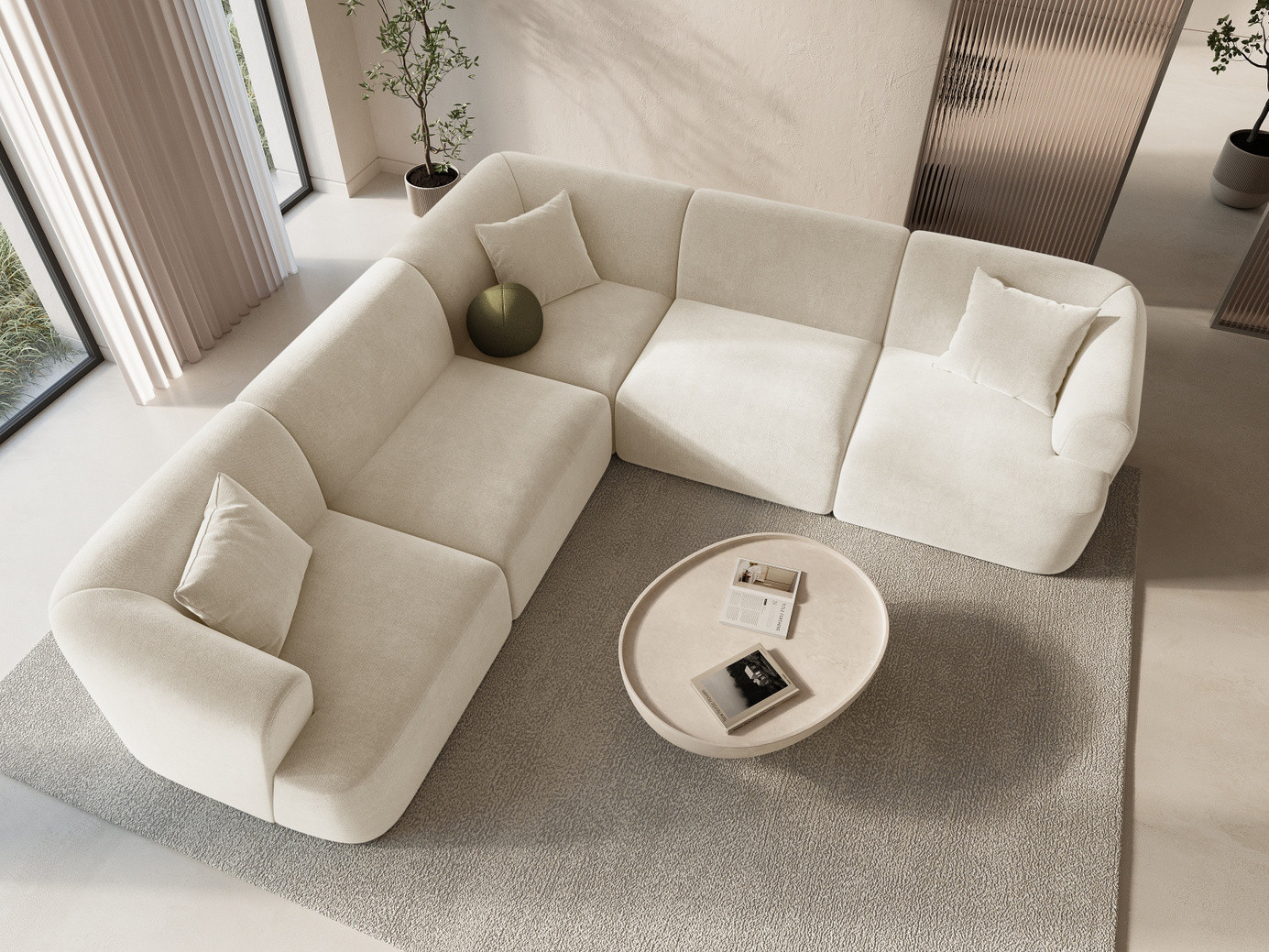 Cosmopolitan Design symmetrisk fløyelsmodulhjørnesofa, "Campi", 6-seter, 255 × 255 × 70 cm, Vogue, svarte plastben