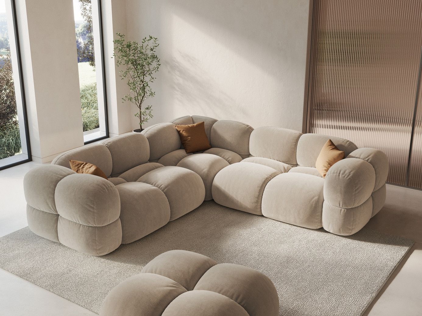 Cosmopolitan Design symmetrisk fløyelshjørnesofa, "Loretto", 4-seter, 250 × 250 × 68 cm, Vogue, svarte plastben