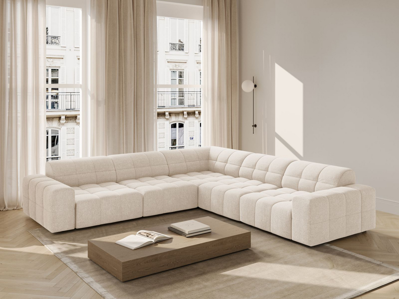 Cosmopolitan Design symmetrisk hjørnesofa, "Chicago", 4-seter, 285 × 285 × 78 cm, Haga, svarte plastben