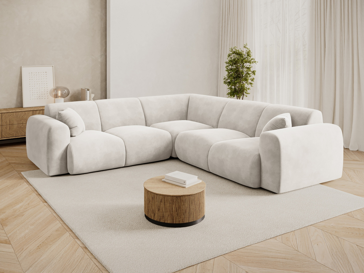 Cosmopolitan Design symmetrisk fløyelshjørnesofa, "Nolio", 5-seter, 252 × 252 × 72 cm, Casino, svarte plastben