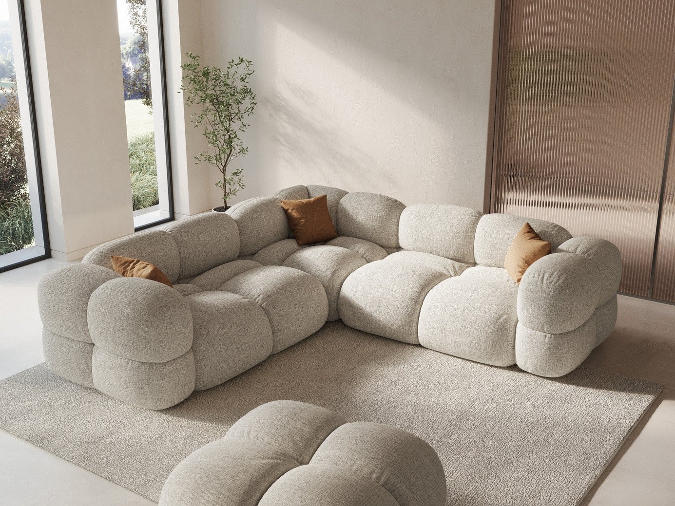 Cosmopolitan Design symmetrisk hjørnesofa, "Loretto", 4-seter, 250 × 250 × 68 cm, Sorella, svarte plastben
