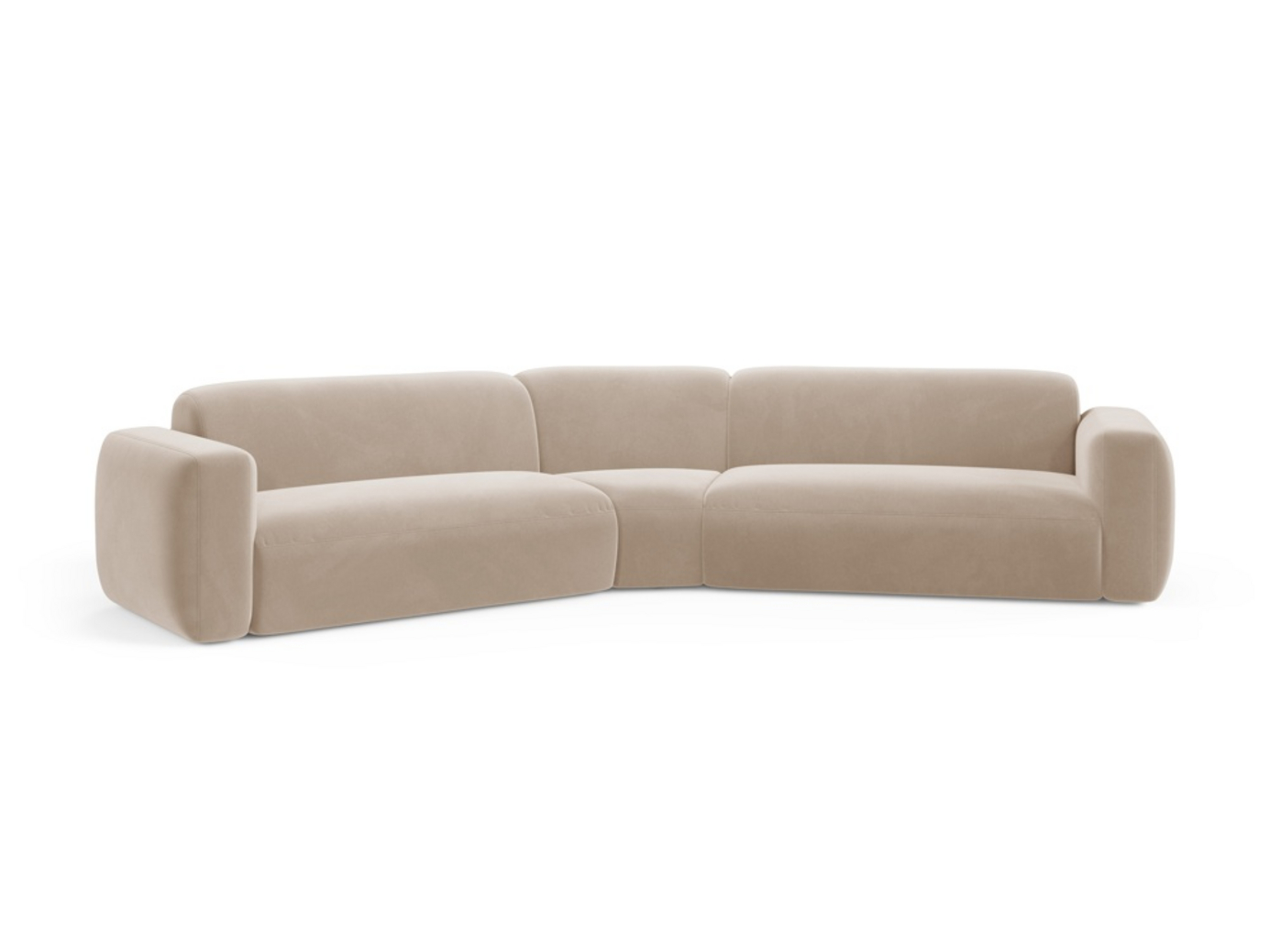 Cosmopolitan Design symmetrisk fløyelsmodulhjørnesofa, "Strino", 3-seter, 344 × 210 × 78 cm, Salvador, svarte plastben