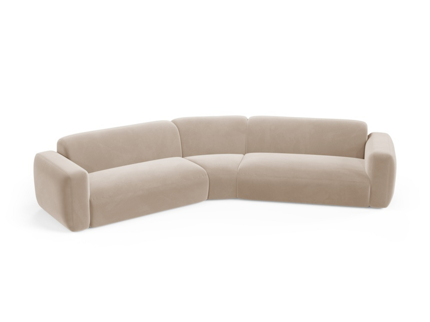 Cosmopolitan Design symmetrisk fløyelsmodulhjørnesofa, "Strino", 3-seter, 344 × 210 × 78 cm, Salvador, svarte plastben