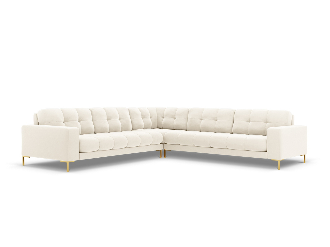 Cosmopolitan Design symmetrisk fløyelshjørnesofa, "Bali", 6-seter, 256 × 256 × 75 cm, Bluvel, gullfargede metallben