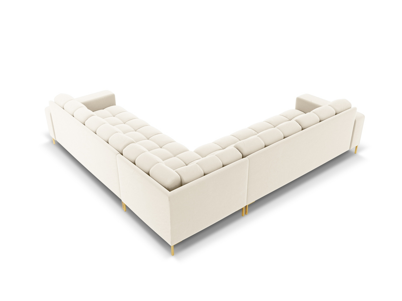 Cosmopolitan Design symmetrisk fløyelshjørnesofa, "Bali", 6-seter, 256 × 256 × 75 cm, Bluvel, gullfargede metallben