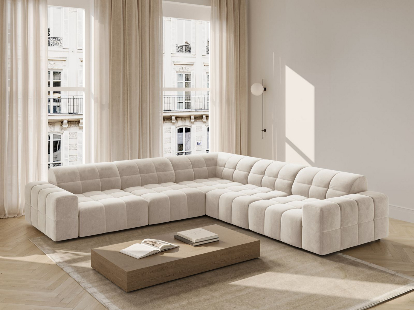 Cosmopolitan Design symmetrisk fløyelshjørnesofa, "Chicago", 4-seter, 285 × 285 × 78 cm, Bluvel, svarte plastben