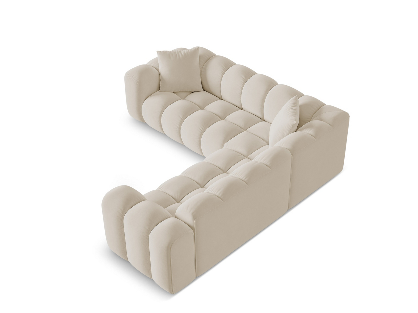 Cosmopolitan Design symmetrisk fløyelshjørnesofa, "Treno", 3-seter, 240 × 240 × 70 cm, Bluvel, svarte plastben
