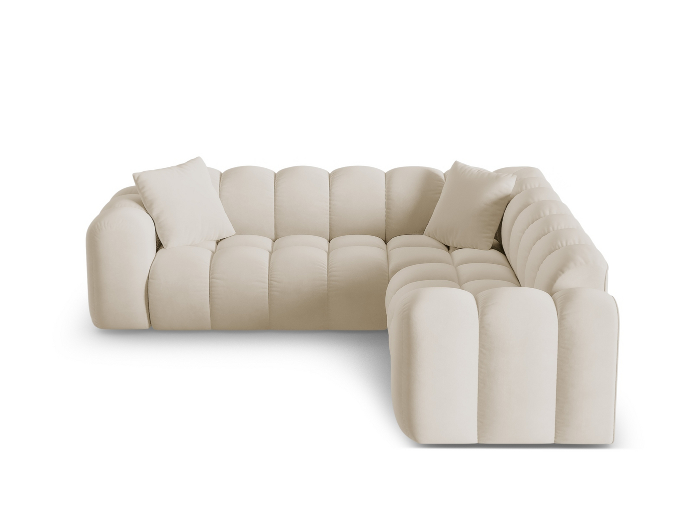 Cosmopolitan Design symmetrisk fløyelshjørnesofa, "Treno", 3-seter, 240 × 240 × 70 cm, Bluvel, svarte plastben