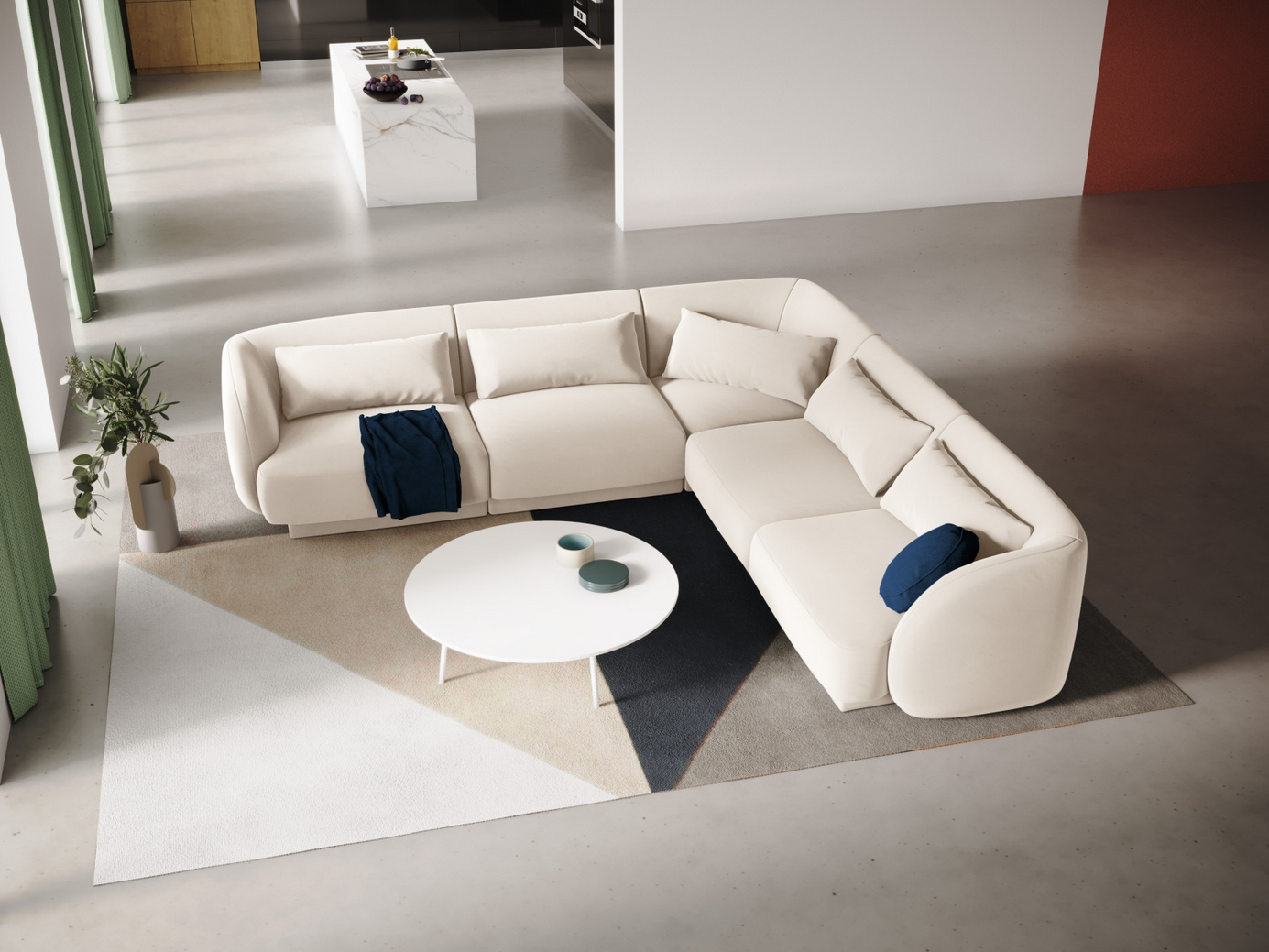 Cosmopolitan Design vendbar fløyelshjørnesofa, "Tulum", 5-seter, 255 × 255 × 70 cm, Bluvel, svarte plastben