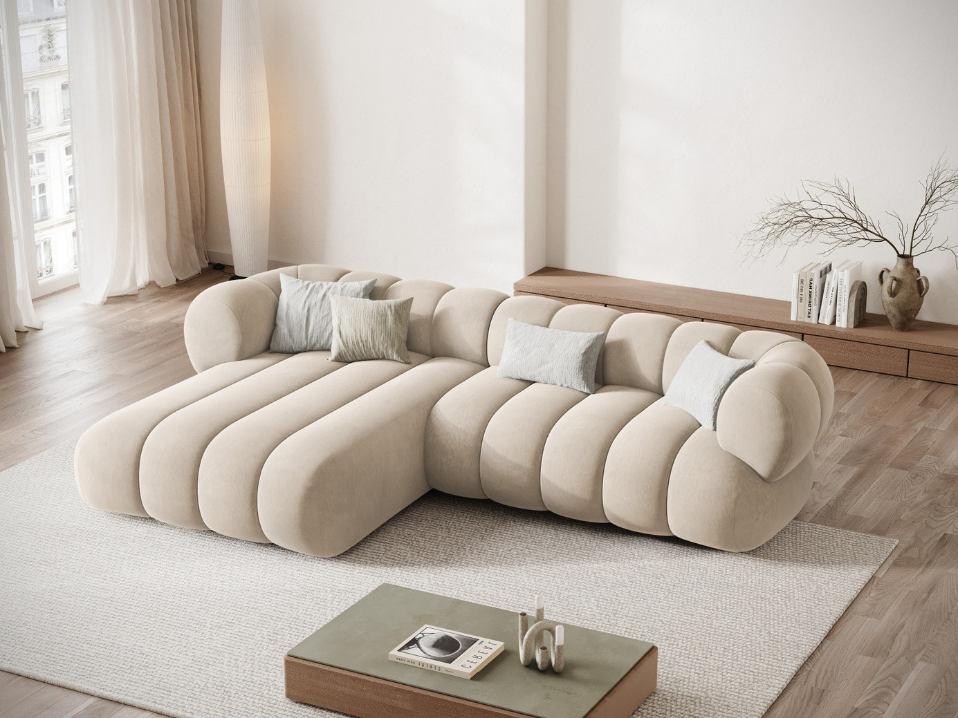Cosmopolitan Design venstrevendt fløyelshjørnesofa, "Koge", 5-seter, 270 × 165 × 70 cm, Vogue, svarte plastben