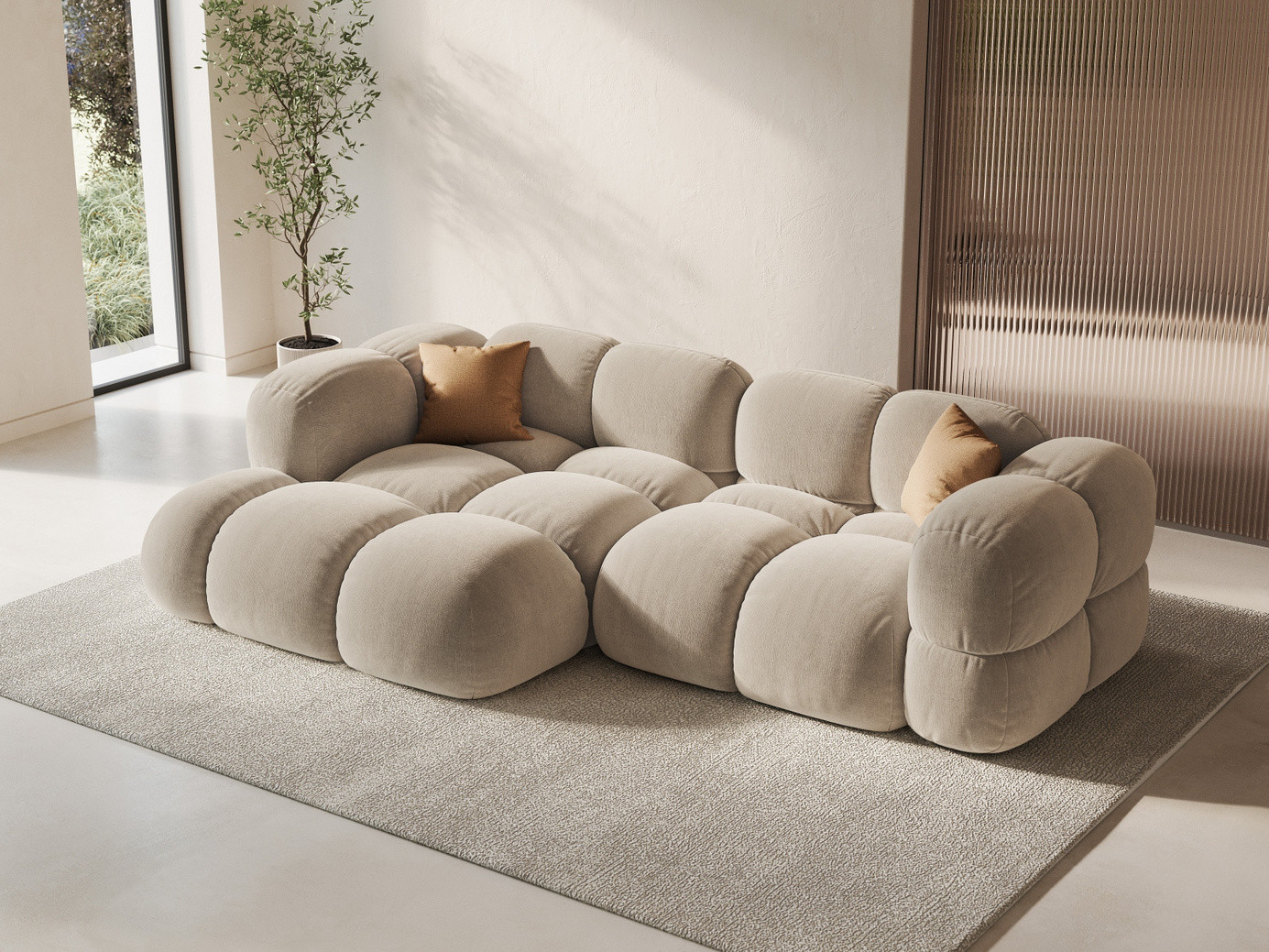 Cosmopolitan Design venstrevendt fløyelshjørnesofa, "Loretto", 3-seter, 250 × 147 × 68 cm, Vogue, svarte plastben