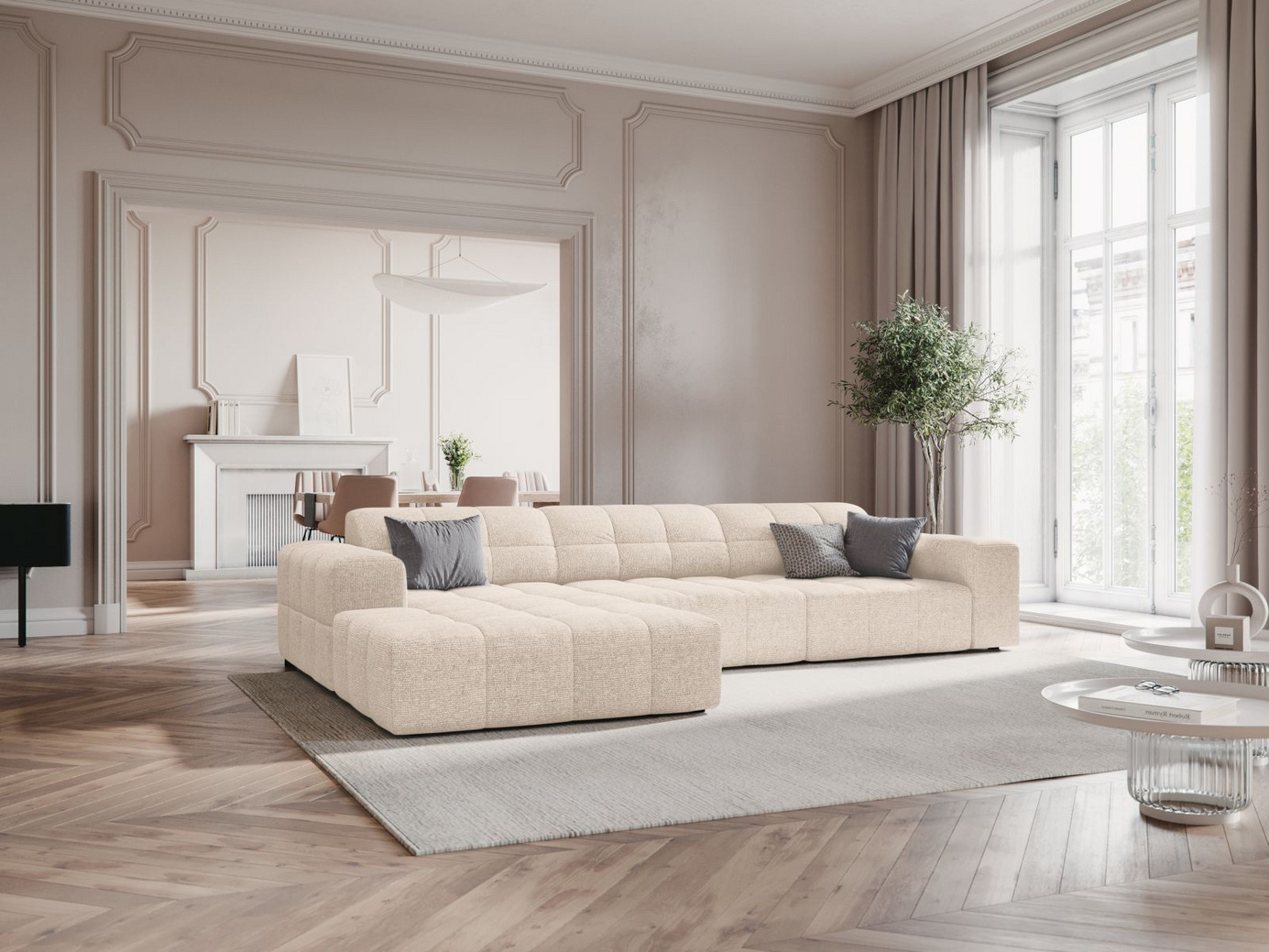 Cosmopolitan Design venstrevendt hjørnesofa, "Chicago", 4-seter, 294 × 167 × 78 cm, Haga, svarte plastben