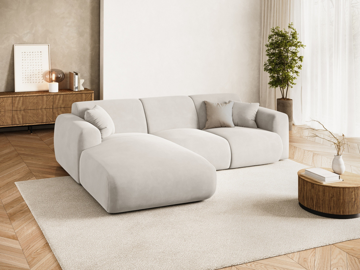 Cosmopolitan Design venstrevendt fløyelshjørnesofa, "Nolio", 4-seter, 260 × 170 × 72 cm, Casino, svarte plastben