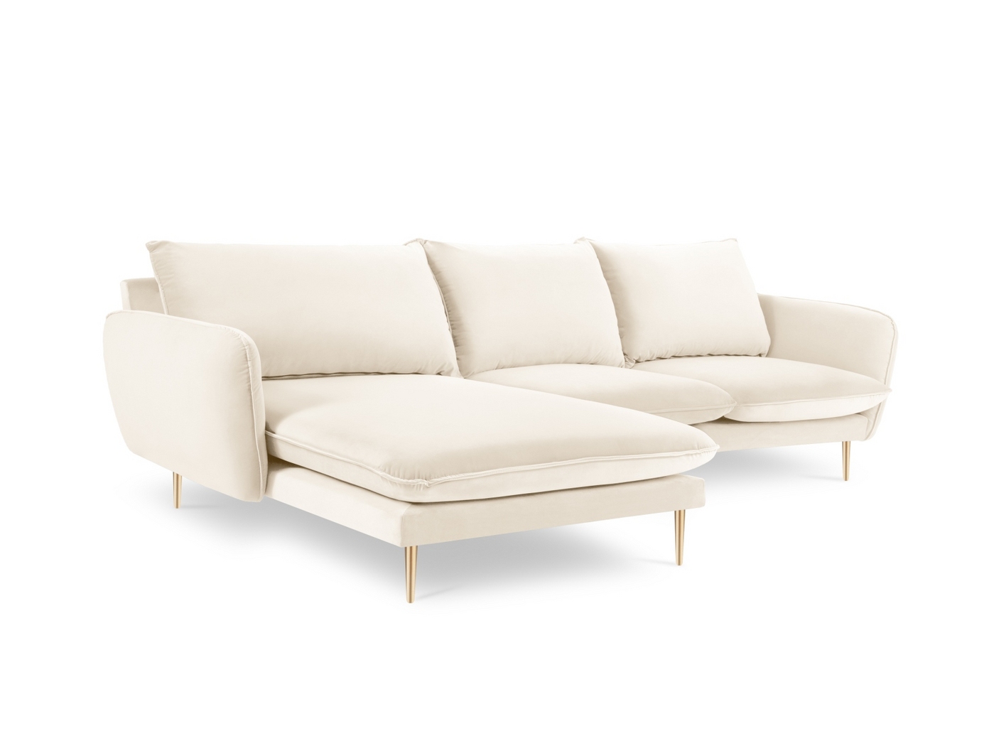 Cosmopolitan Design venstrevendt fløyelshjørnesofa, "Vienna", 5-seter, 255 × 170 × 95 cm, Bluvel, gullfargede metallben