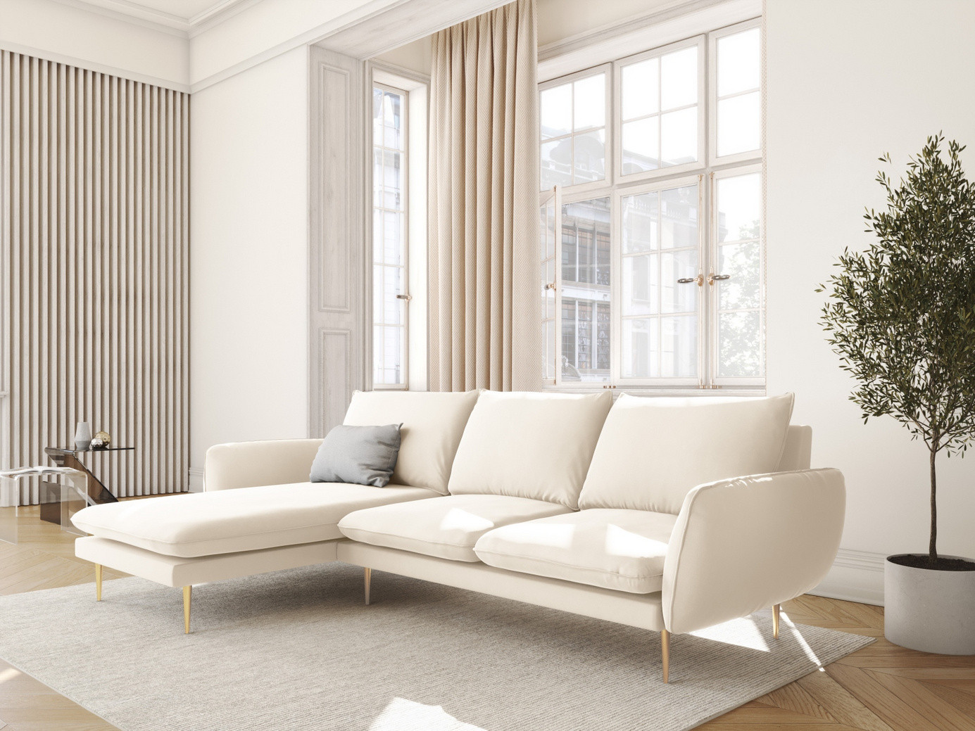 Cosmopolitan Design venstrevendt fløyelshjørnesofa, "Vienna", 5-seter, 255 × 170 × 95 cm, Bluvel, gullfargede metallben