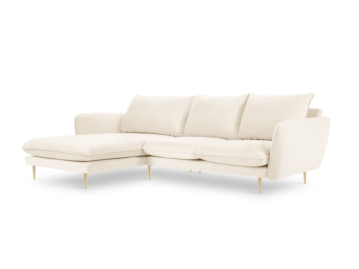 Cosmopolitan Design venstrevendt fløyelshjørnesofa, "Vienna", 5-seter, 255 × 170 × 95 cm, Bluvel, gullfargede metallben