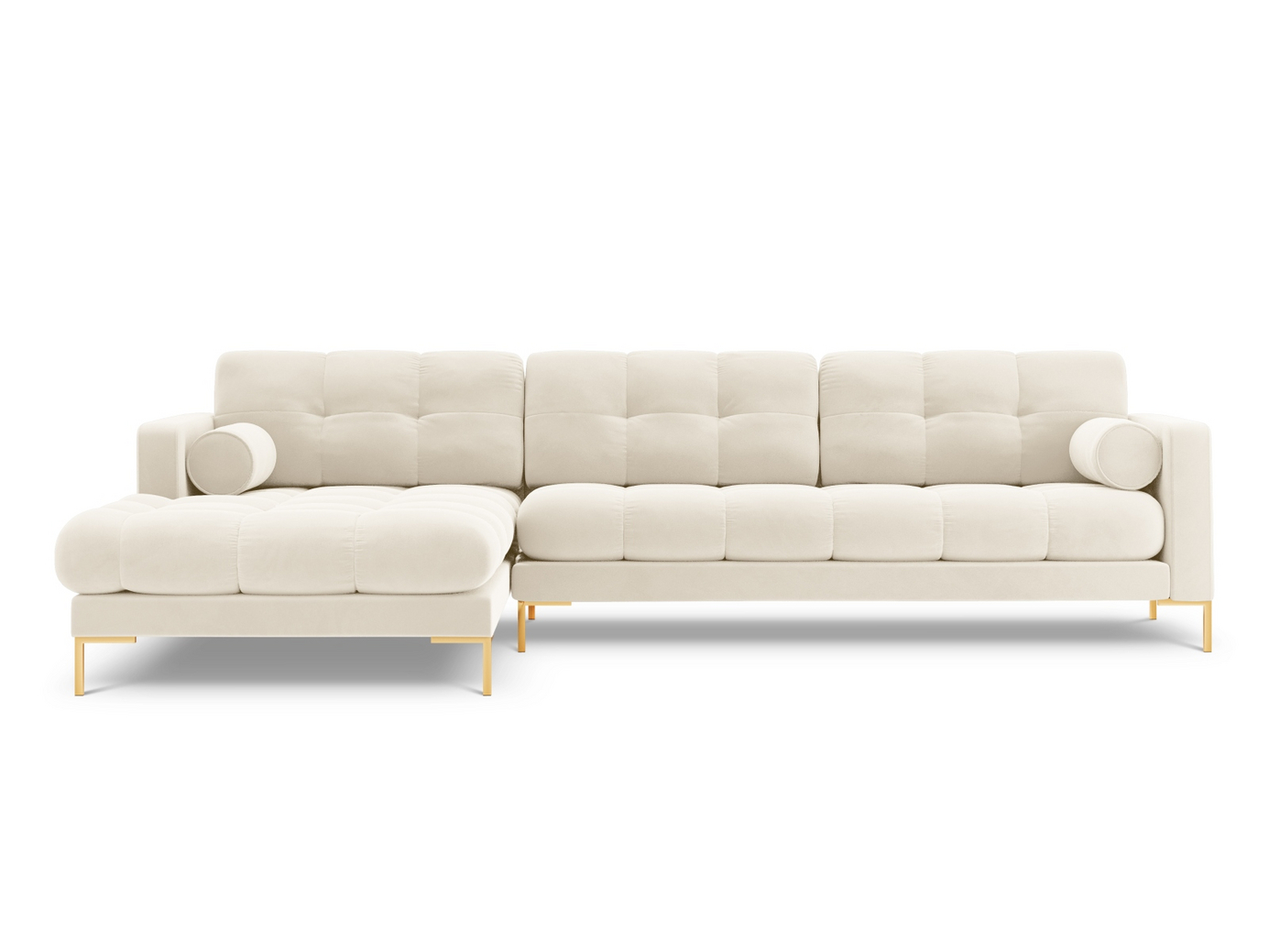 Cosmopolitan Design venstrevendt fløyelshjørnesofa, "Bali", 5-seter, 293 × 185 × 75 cm, Bluvel, gullfargede metallben
