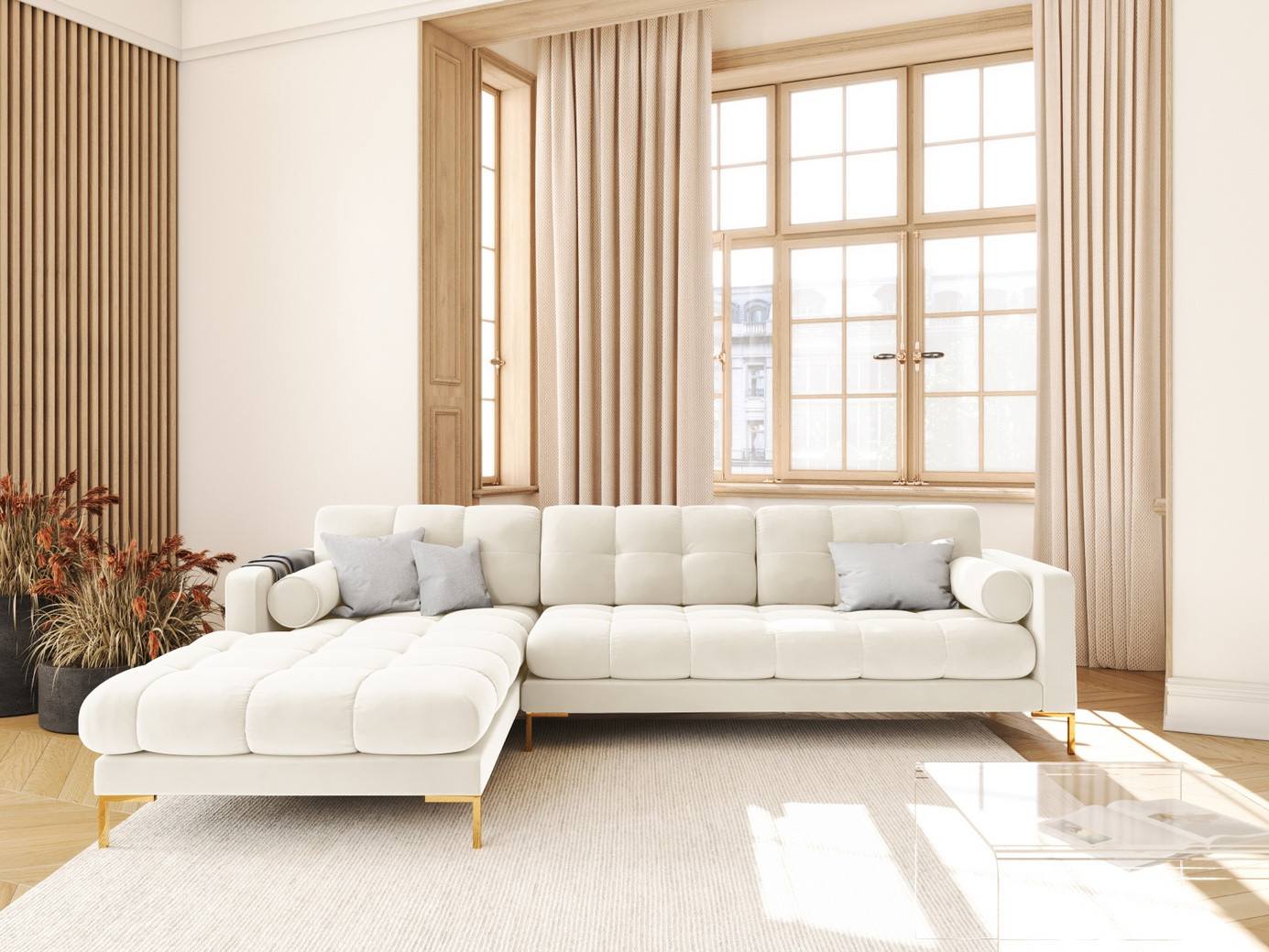 Cosmopolitan Design venstrevendt fløyelshjørnesofa, "Bali", 5-seter, 293 × 185 × 75 cm, Bluvel, gullfargede metallben