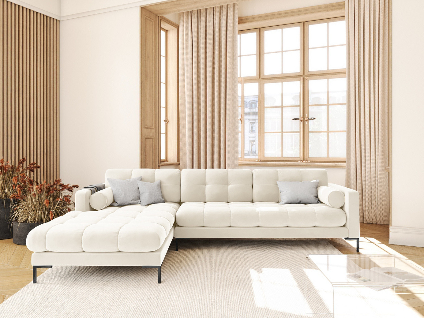 Cosmopolitan Design venstrevendt fløyelshjørnesofa, "Bali", 5-seter, 293 × 185 × 75 cm, Bluvel, svarte metallben