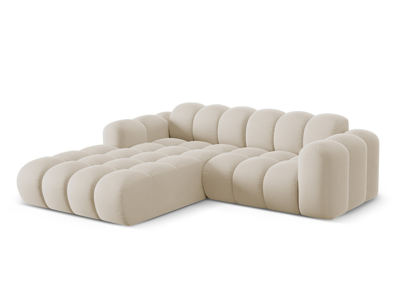 Cosmopolitan Design venstrevendt fløyelshjørnesofa, "Treno", 3-seter, 240 × 184 × 70 cm, Bluvel, svarte plastben