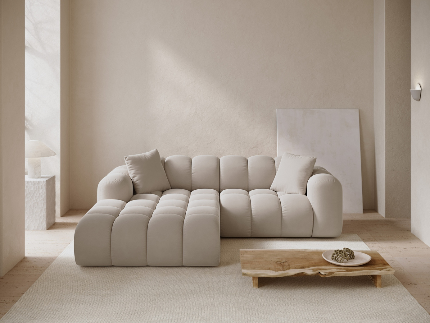 Cosmopolitan Design venstrevendt fløyelshjørnesofa, "Treno", 3-seter, 240 × 184 × 70 cm, Bluvel, svarte plastben
