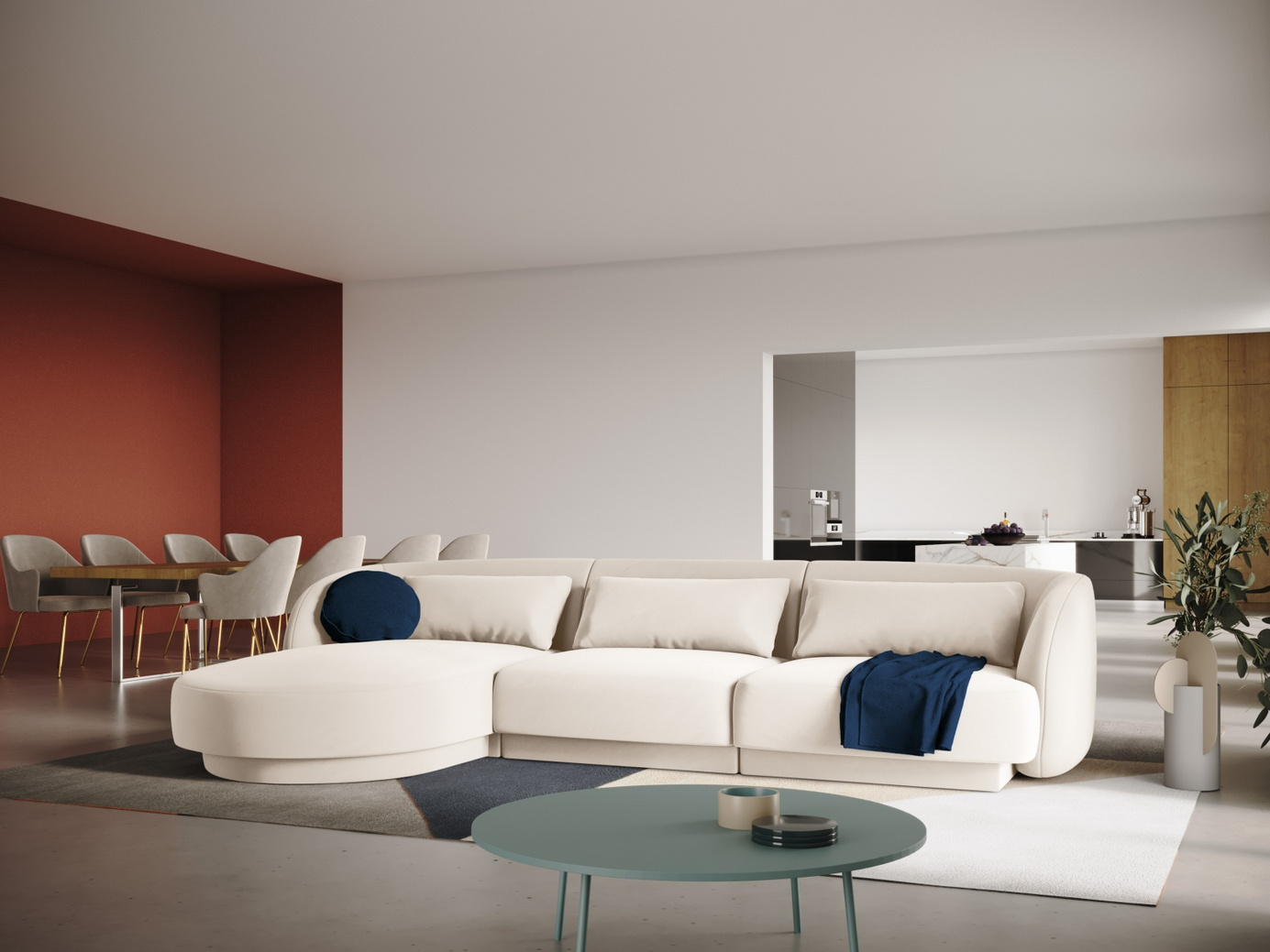 Cosmopolitan Design venstrevendt fløyelshjørnesofa, "Tulum", 4-seter, 255 × 156 × 70 cm, Bluvel, svarte plastben