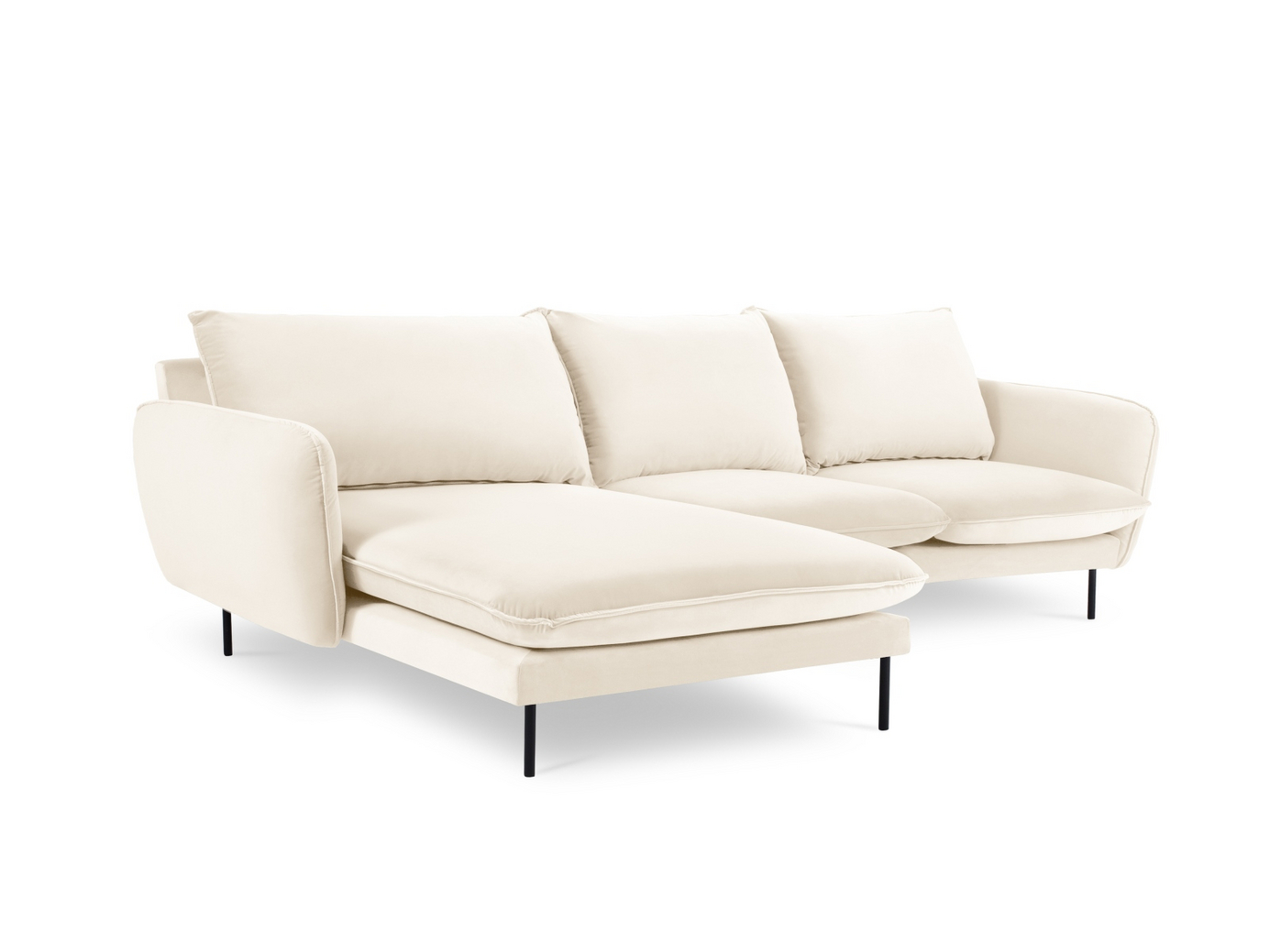 Cosmopolitan Design venstrevendt fløyelshjørnesofa, "Vienna", 5-seter, 255 × 170 × 95 cm, Bluvel, svarte metallben