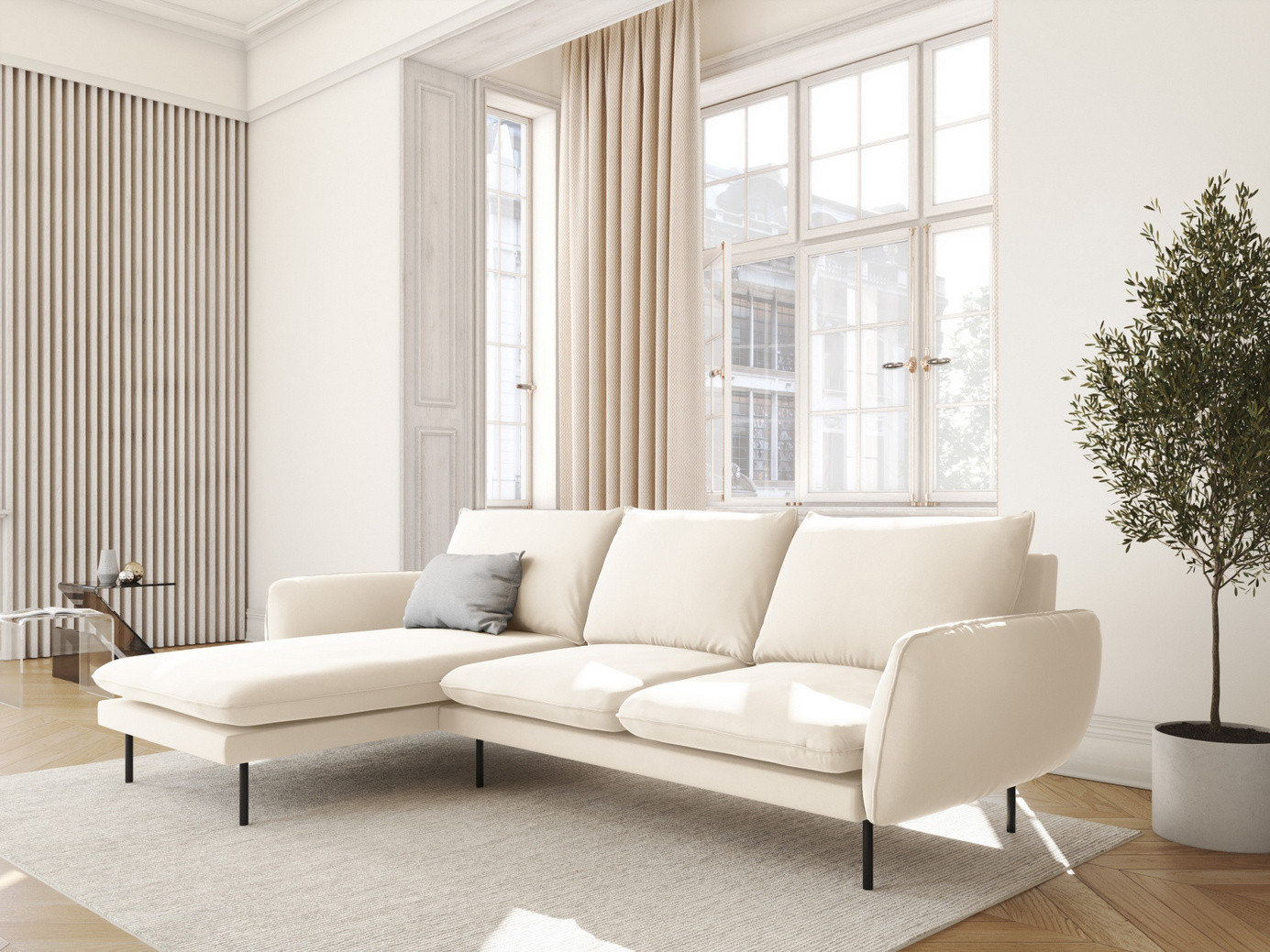 Cosmopolitan Design venstrevendt fløyelshjørnesofa, "Vienna", 5-seter, 255 × 170 × 95 cm, Bluvel, svarte metallben