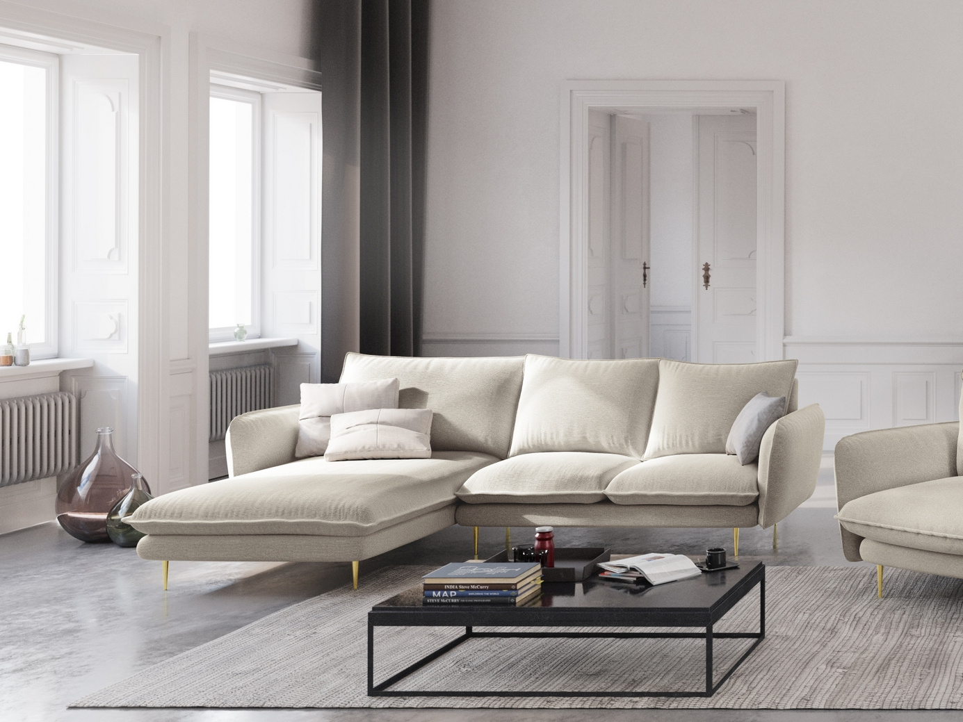 Cosmopolitan Design venstrevendt hjørnesofa, "Vienna", 5-seter, 255 × 170 × 95 cm, Positano, gullfargede metallben
