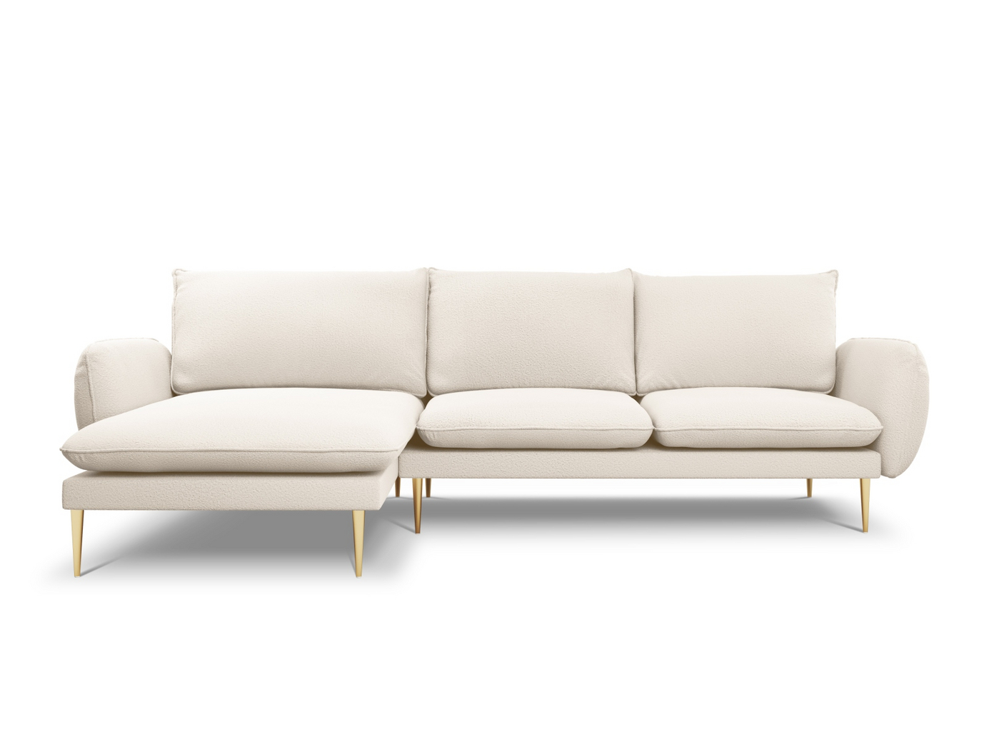 Cosmopolitan Design venstrevendt bouclé-hjørnesofa, "Vienna", 5-seter, 255 × 170 × 95 cm, Ascot, gullfargede metallben