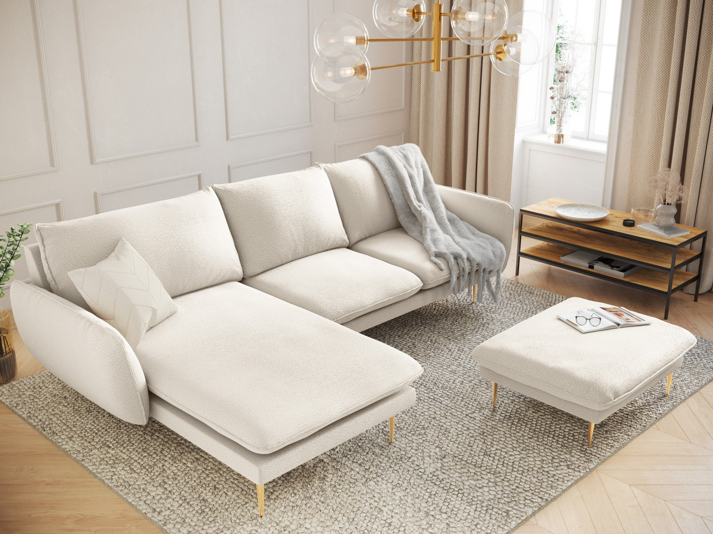 Cosmopolitan Design venstrevendt bouclé-hjørnesofa, "Vienna", 5-seter, 255 × 170 × 95 cm, Ascot, gullfargede metallben