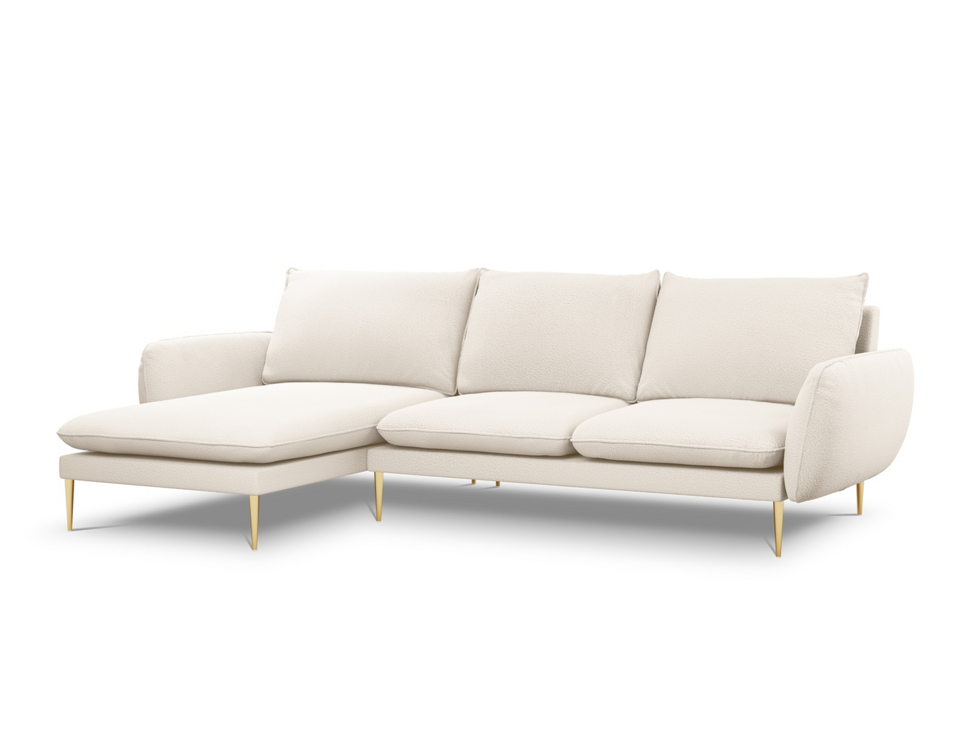 Cosmopolitan Design venstrevendt bouclé-hjørnesofa, "Vienna", 5-seter, 255 × 170 × 95 cm, Ascot, gullfargede metallben
