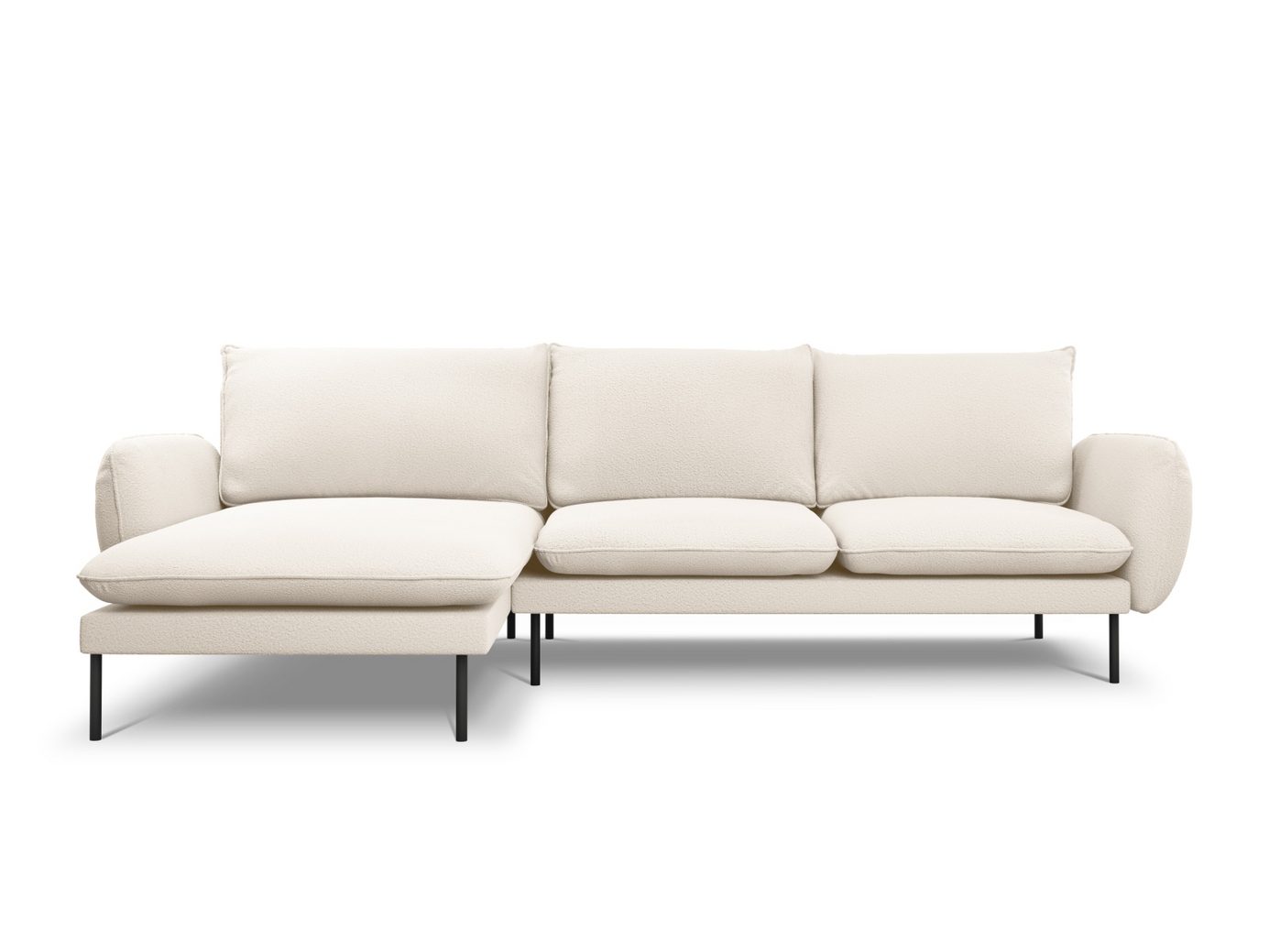 Cosmopolitan Design venstrevendt bouclé-hjørnesofa, "Vienna", 5-seter, 255 × 170 × 95 cm, Ascot, svarte metallben