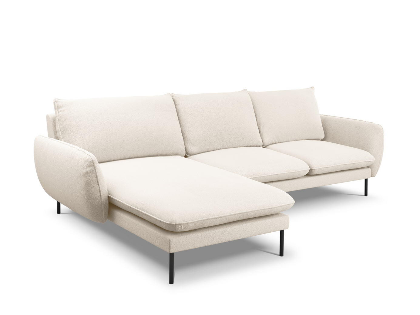 Cosmopolitan Design venstrevendt bouclé-hjørnesofa, "Vienna", 5-seter, 255 × 170 × 95 cm, Ascot, svarte metallben