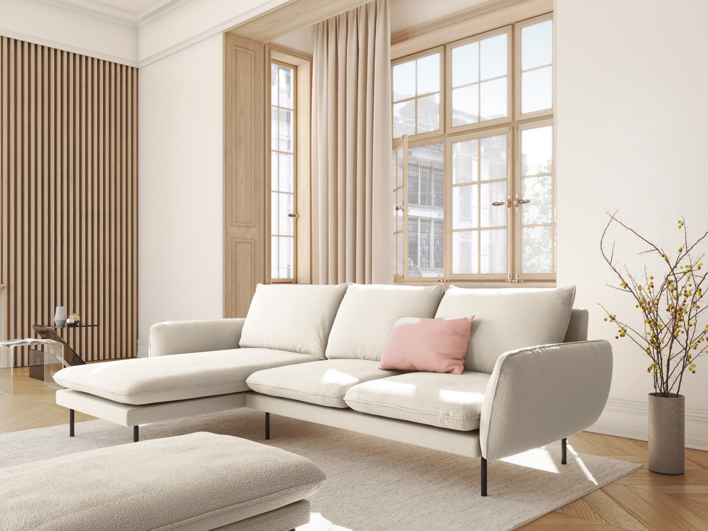 Cosmopolitan Design venstrevendt bouclé-hjørnesofa, "Vienna", 5-seter, 255 × 170 × 95 cm, Ascot, svarte metallben