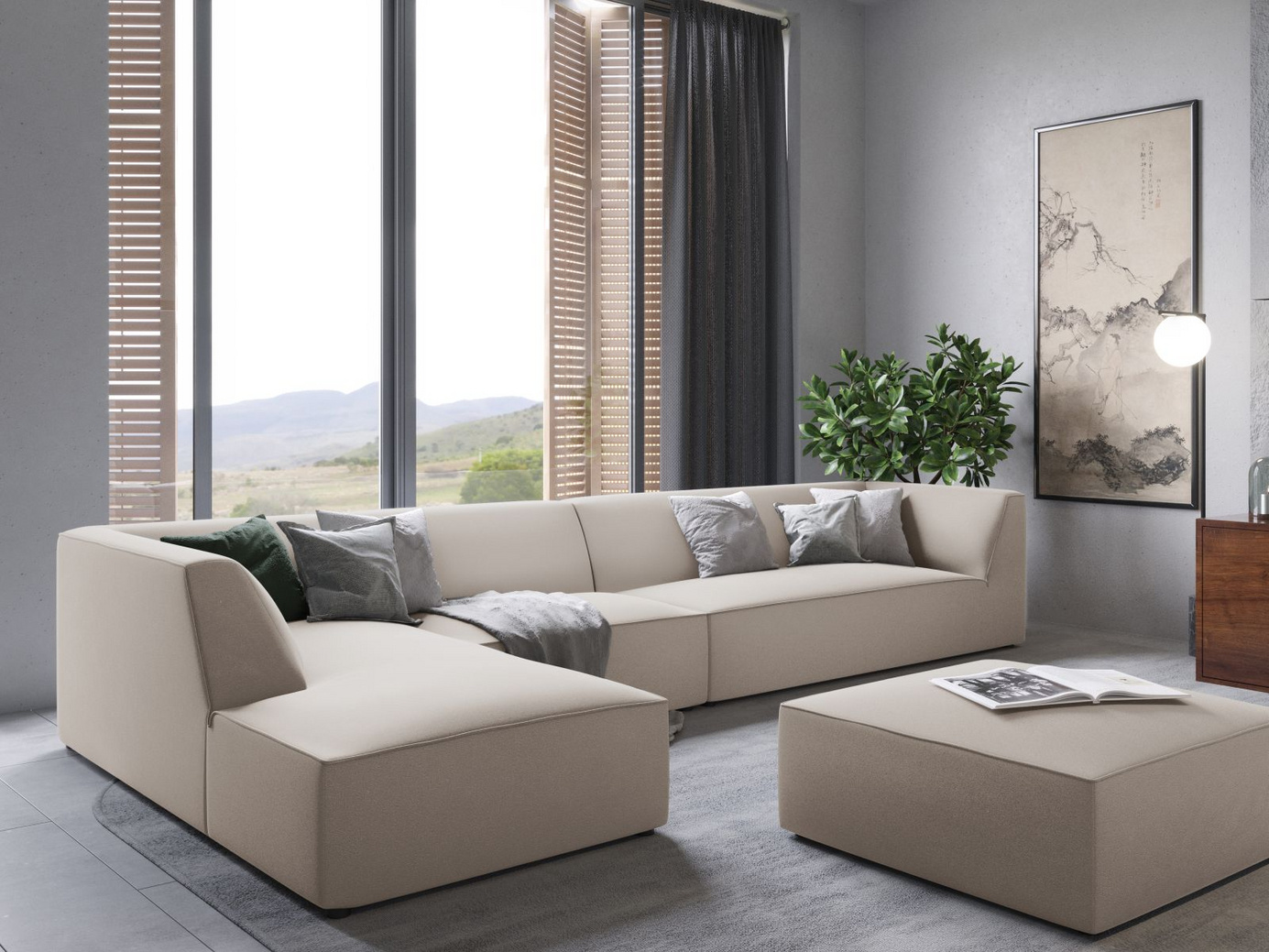 Cosmopolitan Design venstrevendt fløyelsmodulhjørnesofa, "Siena", 5-seter, 366 × 180 × 69 cm, Salvador, svarte plastben, Variant LC_L_44