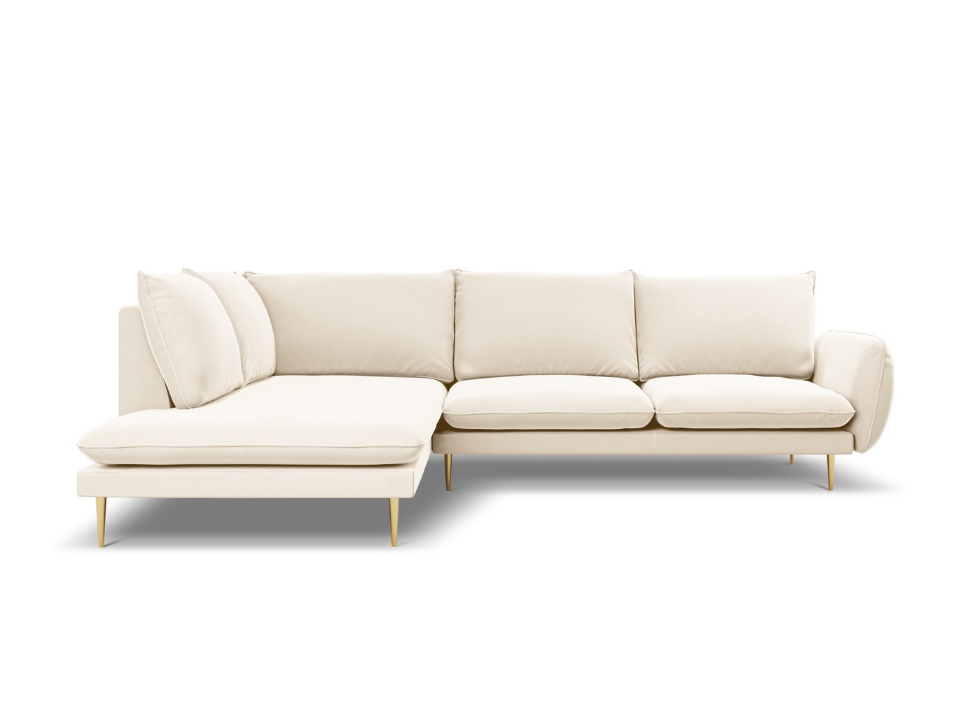 Cosmopolitan Design venstrevendt fløyelshjørnesofa, "Vienna", 6-seter, 275 × 185 × 95 cm, Bluvel, gullfargede metallben