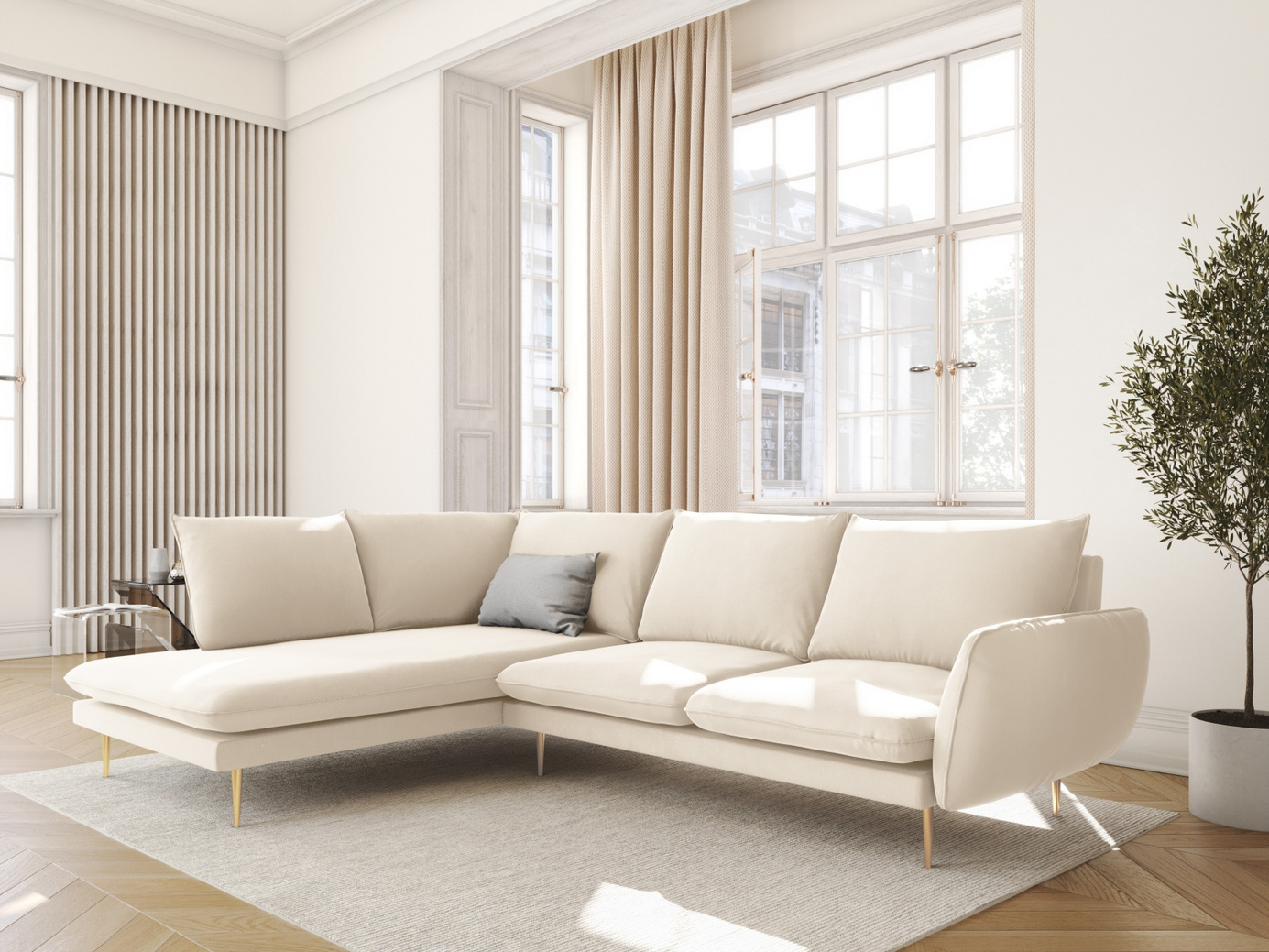 Cosmopolitan Design venstrevendt fløyelshjørnesofa, "Vienna", 6-seter, 275 × 185 × 95 cm, Bluvel, gullfargede metallben