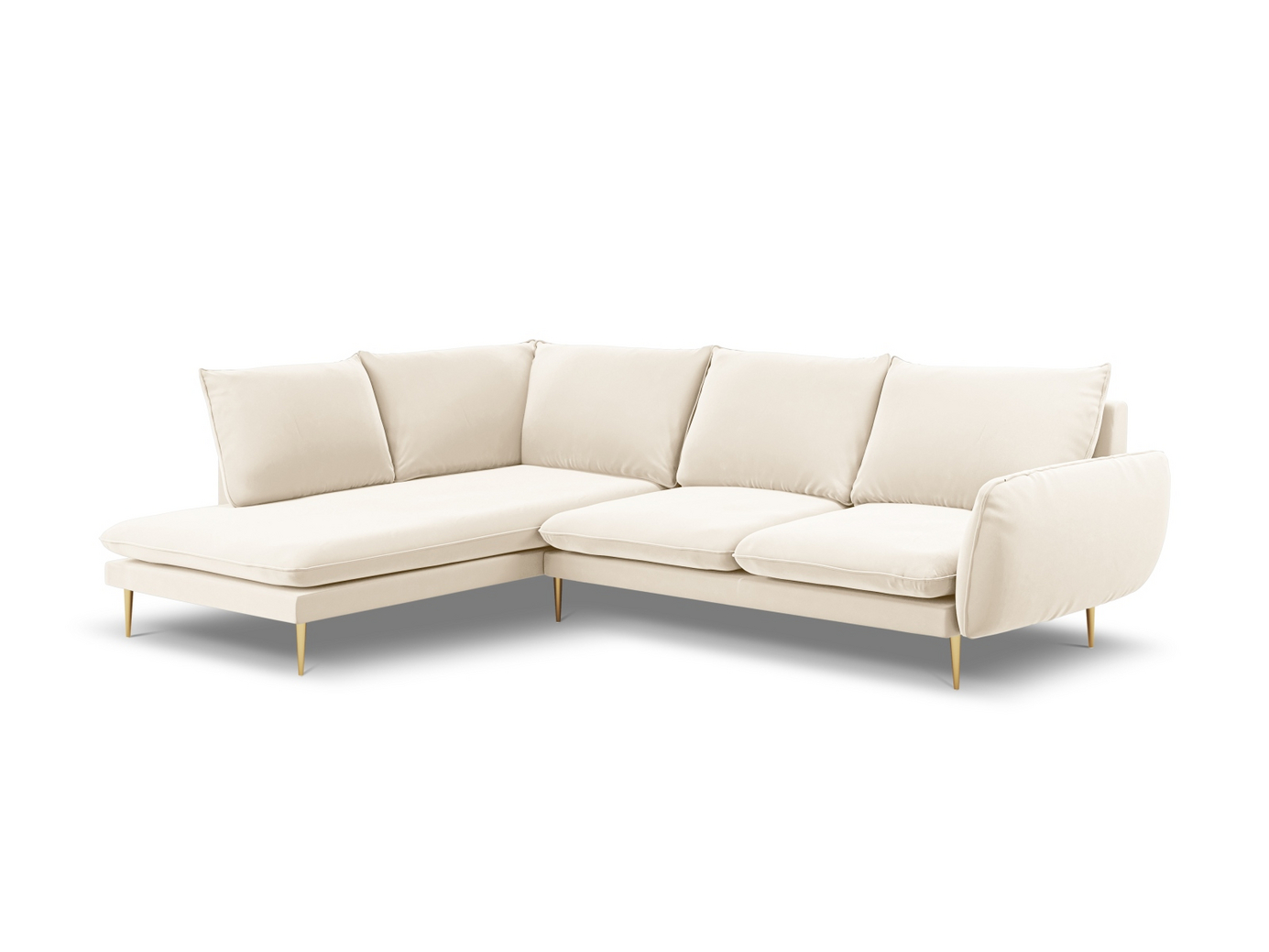 Cosmopolitan Design venstrevendt fløyelshjørnesofa, "Vienna", 6-seter, 275 × 185 × 95 cm, Bluvel, gullfargede metallben