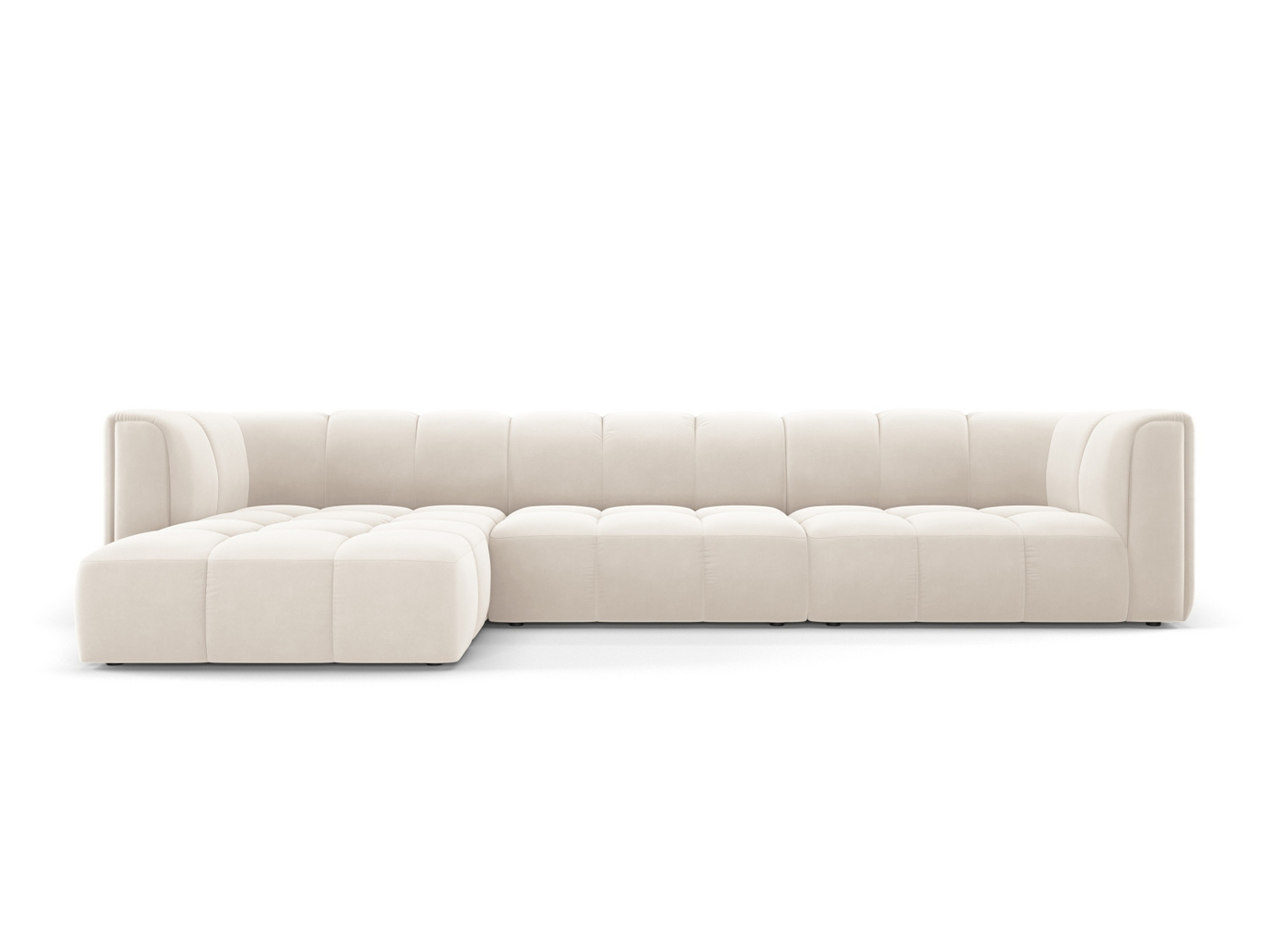 Cosmopolitan Design venstrevendt fløyelsmodulhjørnesofa, "Moritz", 5-seter, 316 × 160 × 70 cm, Bluvel, svarte plastben
