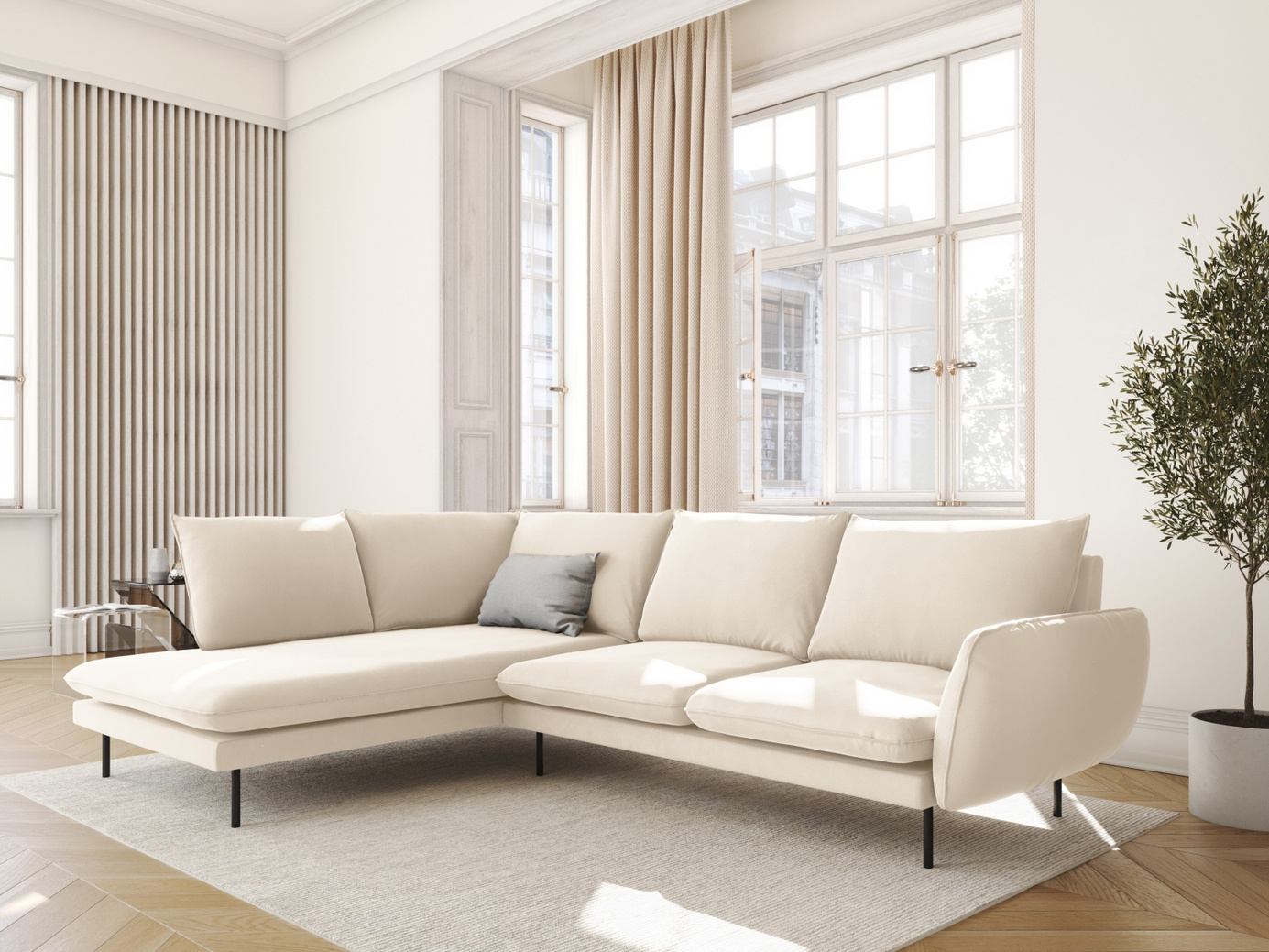 Cosmopolitan Design venstrevendt fløyelshjørnesofa, "Vienna", 6-seter, 275 × 185 × 95 cm, Bluvel, svarte metallben