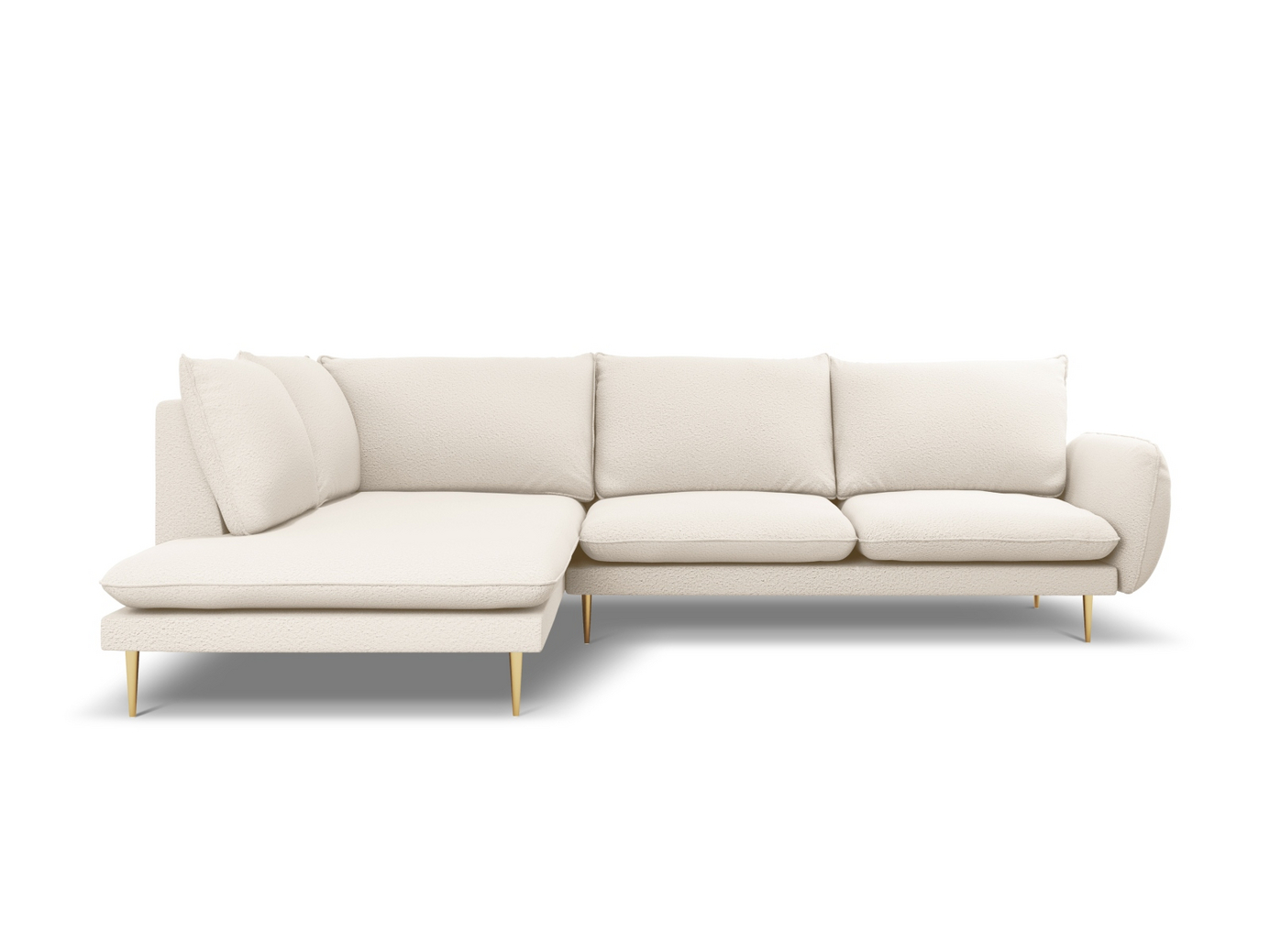 Cosmopolitan Design venstrevendt bouclé-hjørnesofa, "Vienna", 6-seter, 275 × 185 × 95 cm, Ascot, gullfargede metallben