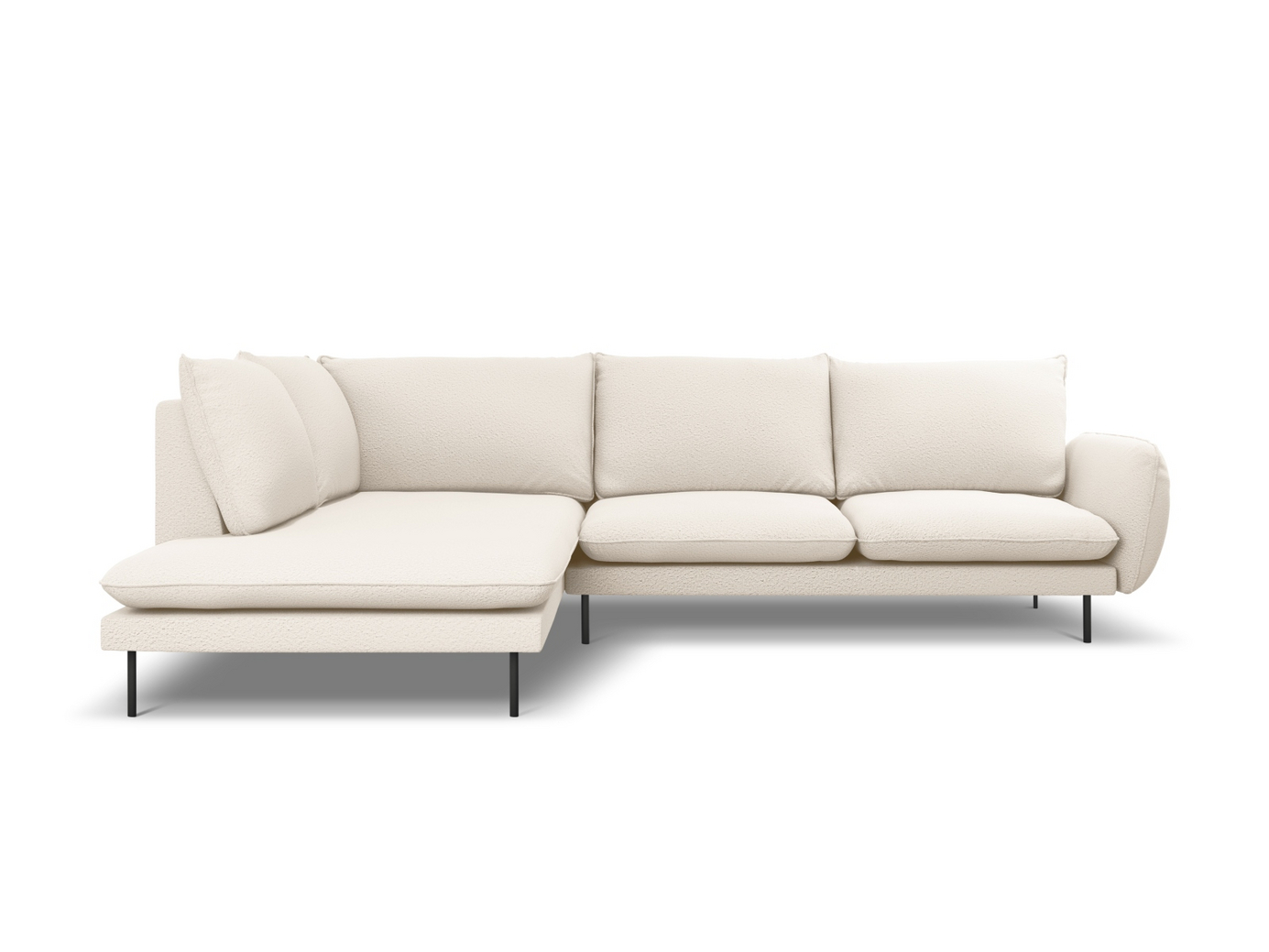 Cosmopolitan Design venstrevendt bouclé-hjørnesofa, "Vienna", 6-seter, 275 × 185 × 95 cm, Ascot, svarte metallben