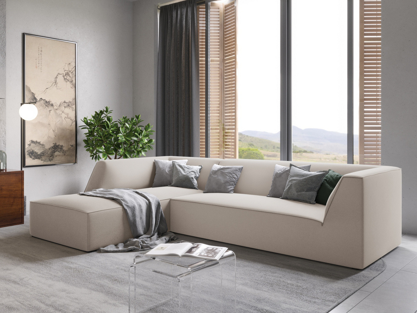 Cosmopolitan Design venstrevendt fløyelsmodulhjørnesofa, "Siena", 4-seter, 273 × 180 × 69 cm, Salvador, svarte plastben, Variant LC_M_44