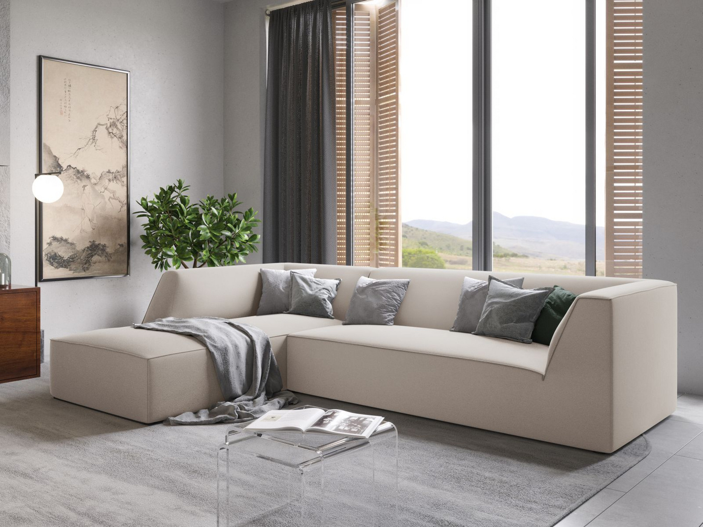 Cosmopolitan Design venstrevendt fløyelsmodulhjørnesofa, "Siena", 4-seter, 273 × 180 × 69 cm, Salvador, svarte plastben, Variant LC_M_44