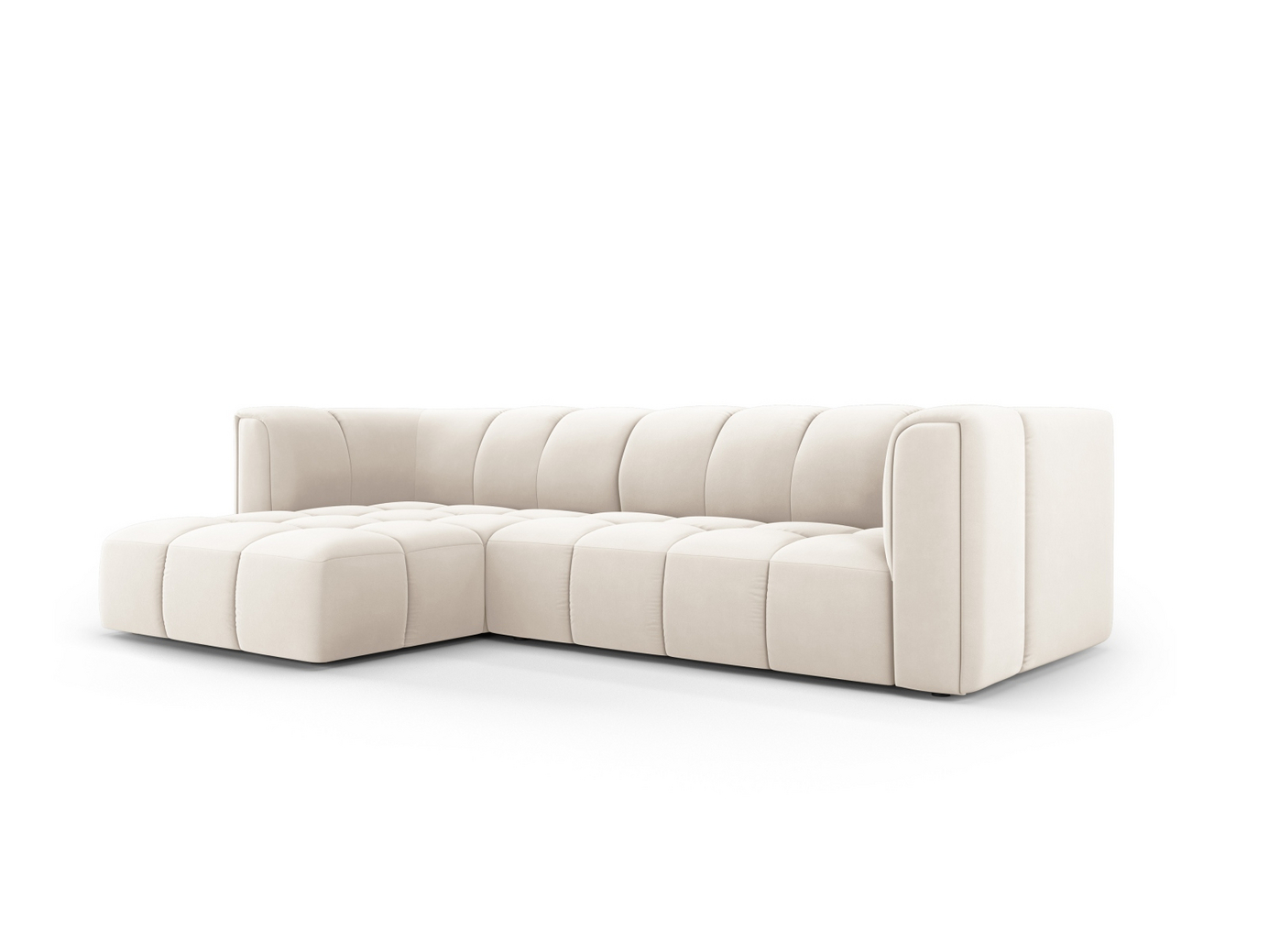 Cosmopolitan Design venstrevendt fløyelsmodulhjørnesofa, "Moritz", 3-seter, 256 × 160 × 70 cm, Bluvel, svarte plastben
