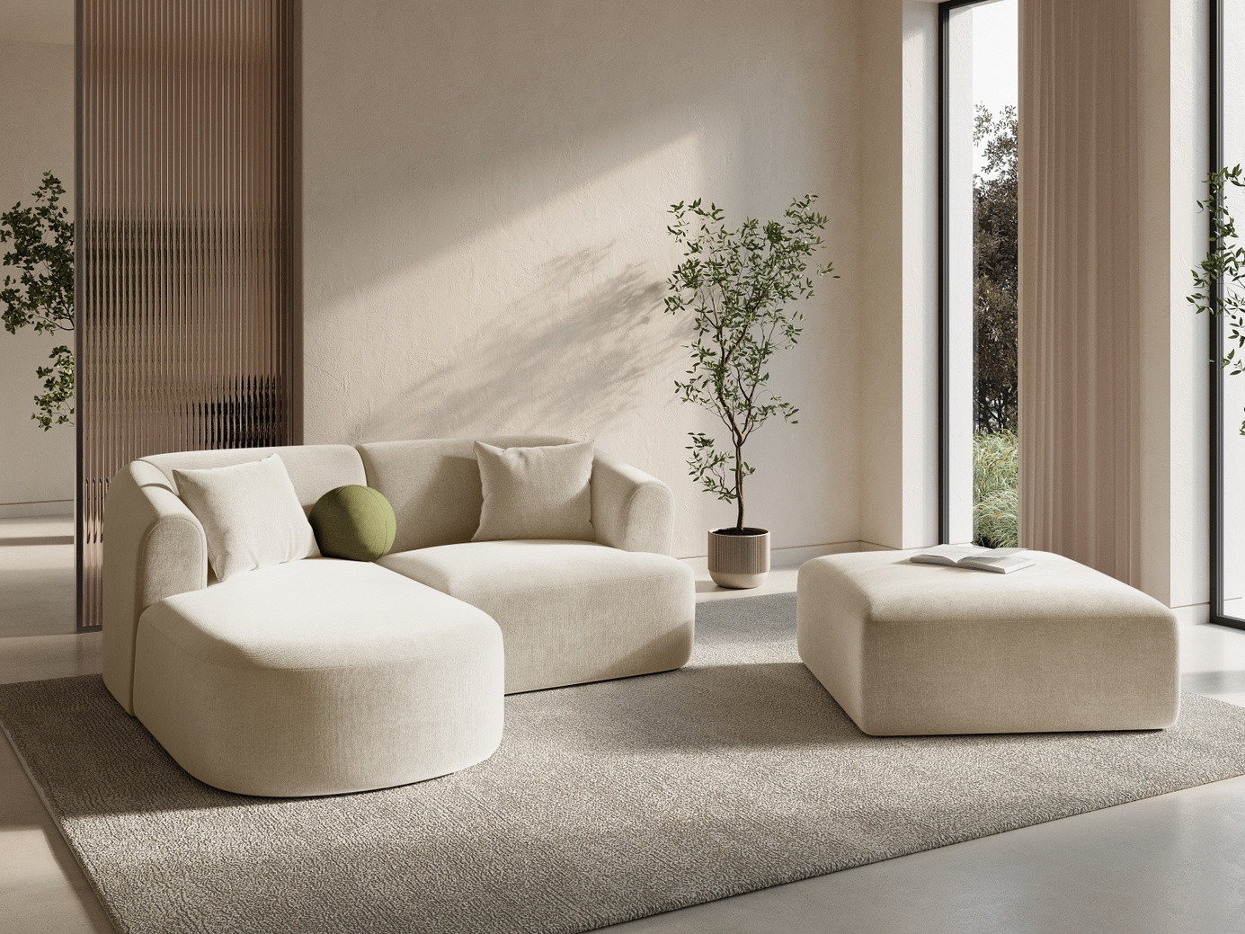 Cosmopolitan Design venstrevendt fløyelsmodulhjørnesofa, "Campi", 3-seter, 180 × 156 × 70 cm, Vogue, svarte plastben