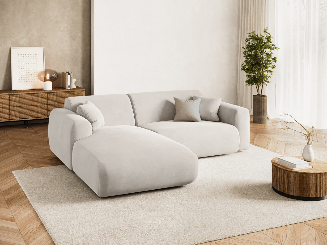 Cosmopolitan Design venstrevendt fløyelshjørnesofa, "Nolio", 4-seter, 235 × 170 × 72 cm, Casino, svarte plastben