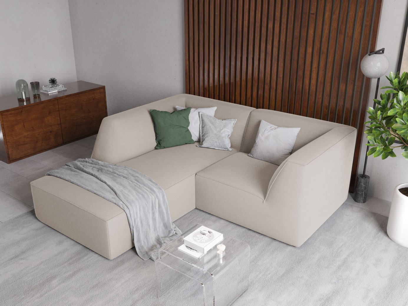 Cosmopolitan Design venstrevendt fløyelsmodulhjørnesofa, "Siena", 3-seter, 186 × 180 × 69 cm, Salvador, svarte plastben, Variant LC_S_44